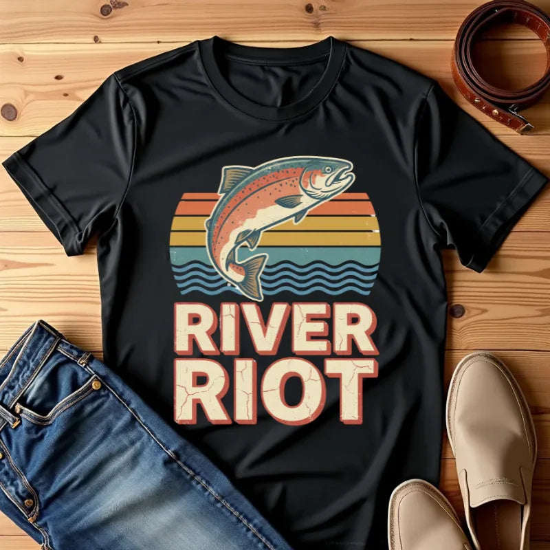River Riot Trout T-Shirt | Retro Fishing Tee | Vintage Sunset Fish Graphic | Garment-Dyed Heavyweight Unisex Comfort Colors Black