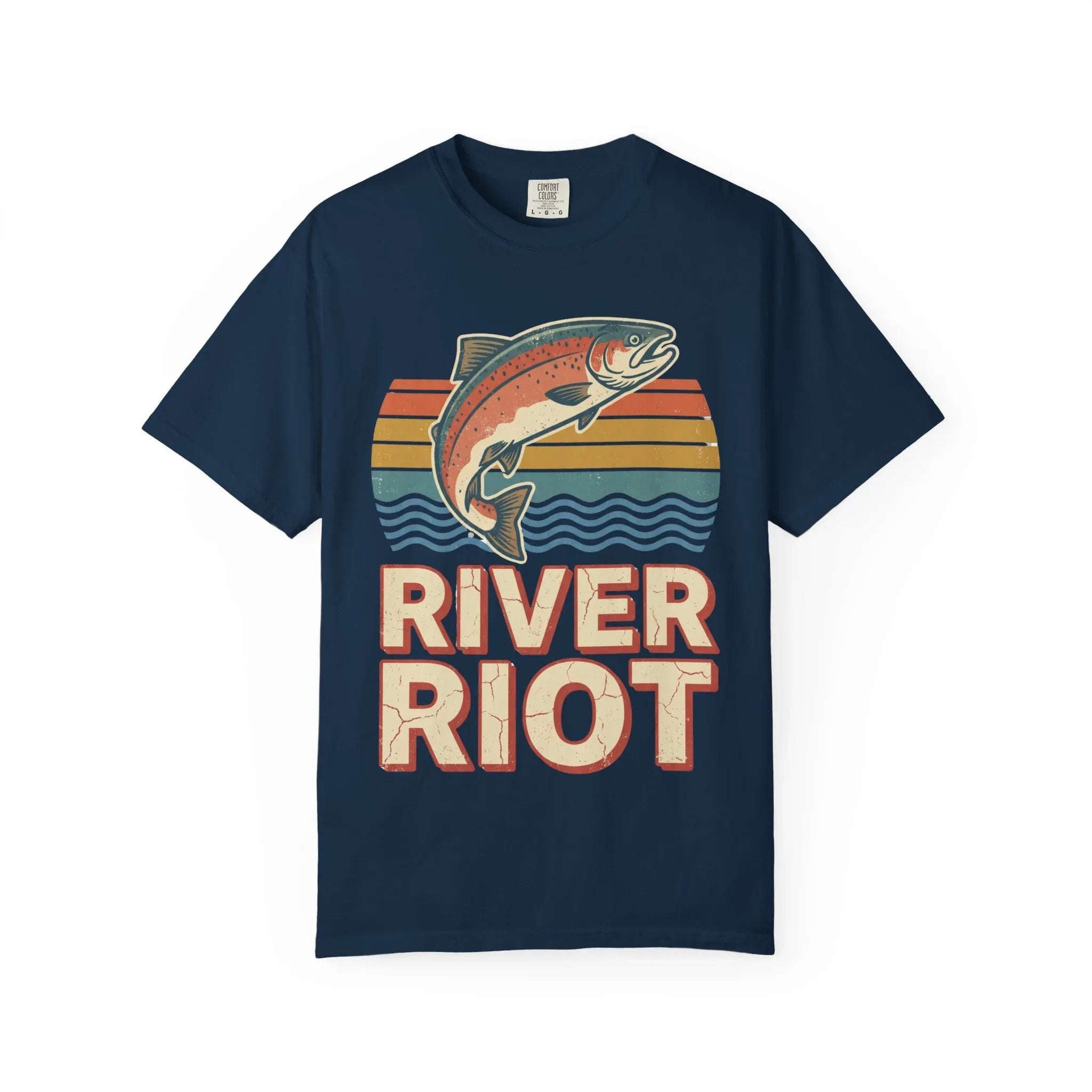 River Riot Trout T-Shirt | Retro Fishing Tee | Vintage Sunset Fish Graphic | Garment-Dyed Heavyweight Unisex Comfort Colors True Navy