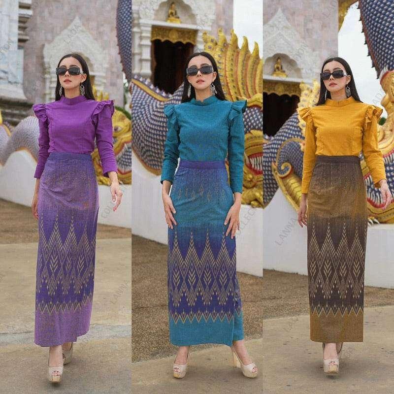 Royal Broomphiman Cotton Set with Shoulder Ruffles & Pine Print Tube Skirt in Elegant Thai Style - Yellow, Green, and Purple Outfit