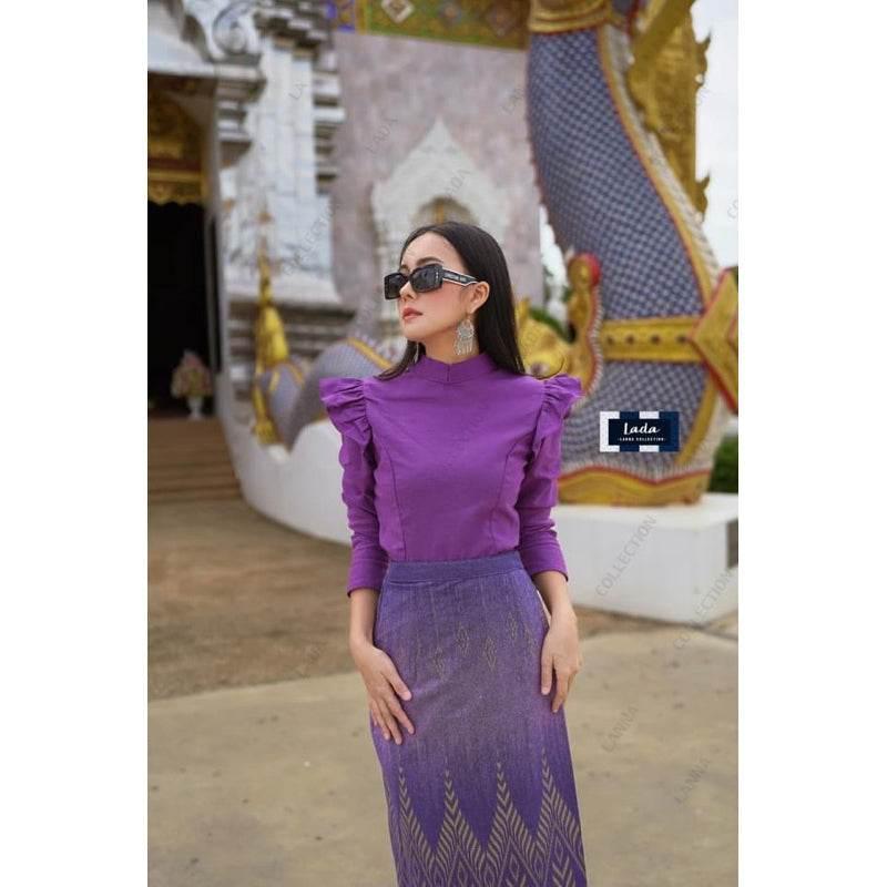 Royal Broomphiman Cotton Set with Shoulder Ruffles & Pine Print Tube Skirt in Elegant Thai Style - Yellow, Green, and Purple Outfit ม่วง