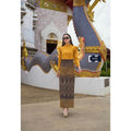 Royal Broomphiman Cotton Set with Shoulder Ruffles & Pine Print Tube Skirt in Elegant Thai Style - Yellow, Green, and Purple Outfit เหลือง