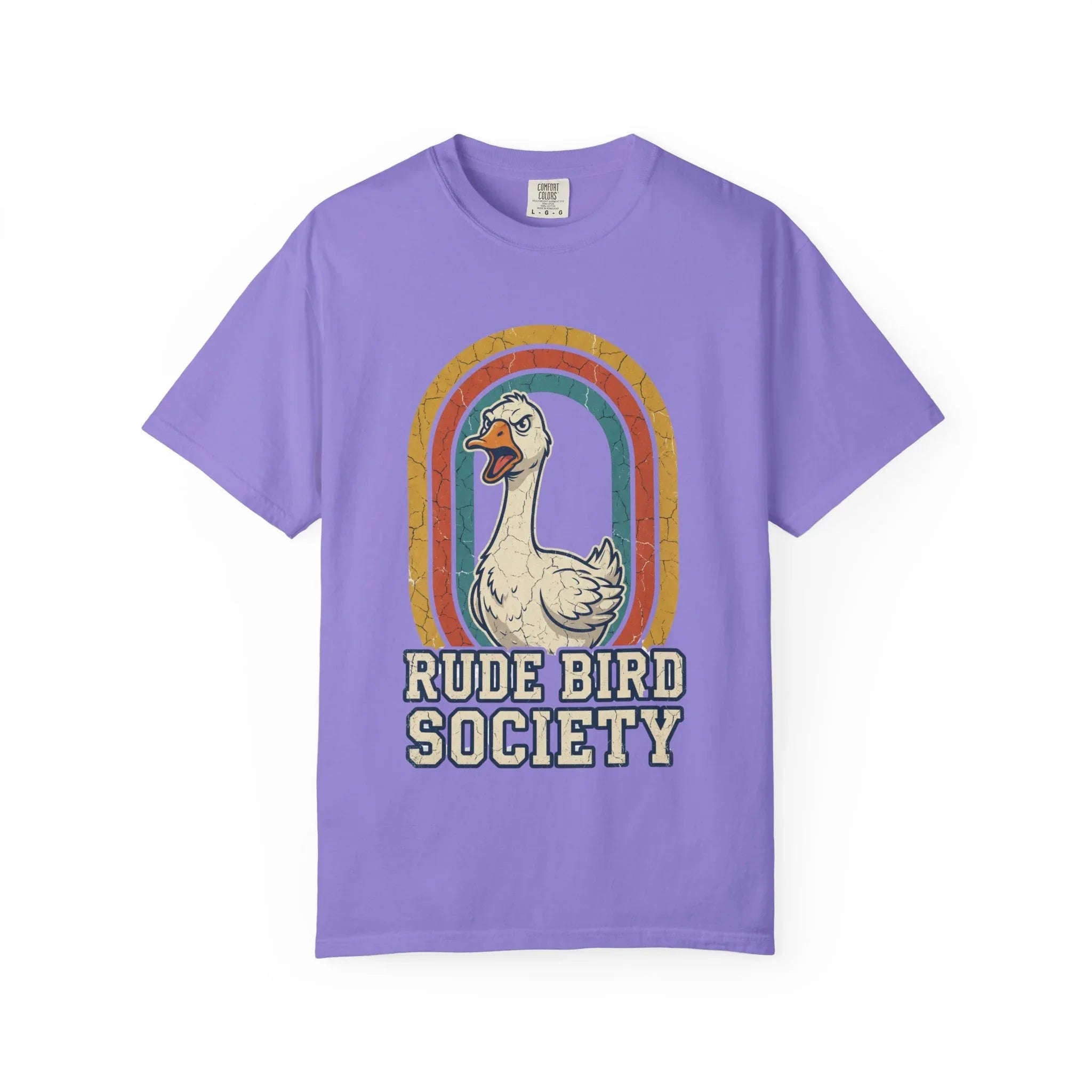 Rude Bird Society Goose Shirt, Retro Rainbow Tee, Funny Bird Humor T-Shirt, Vintage Distressed Graphic, Sarcastic Animal Gift Violet