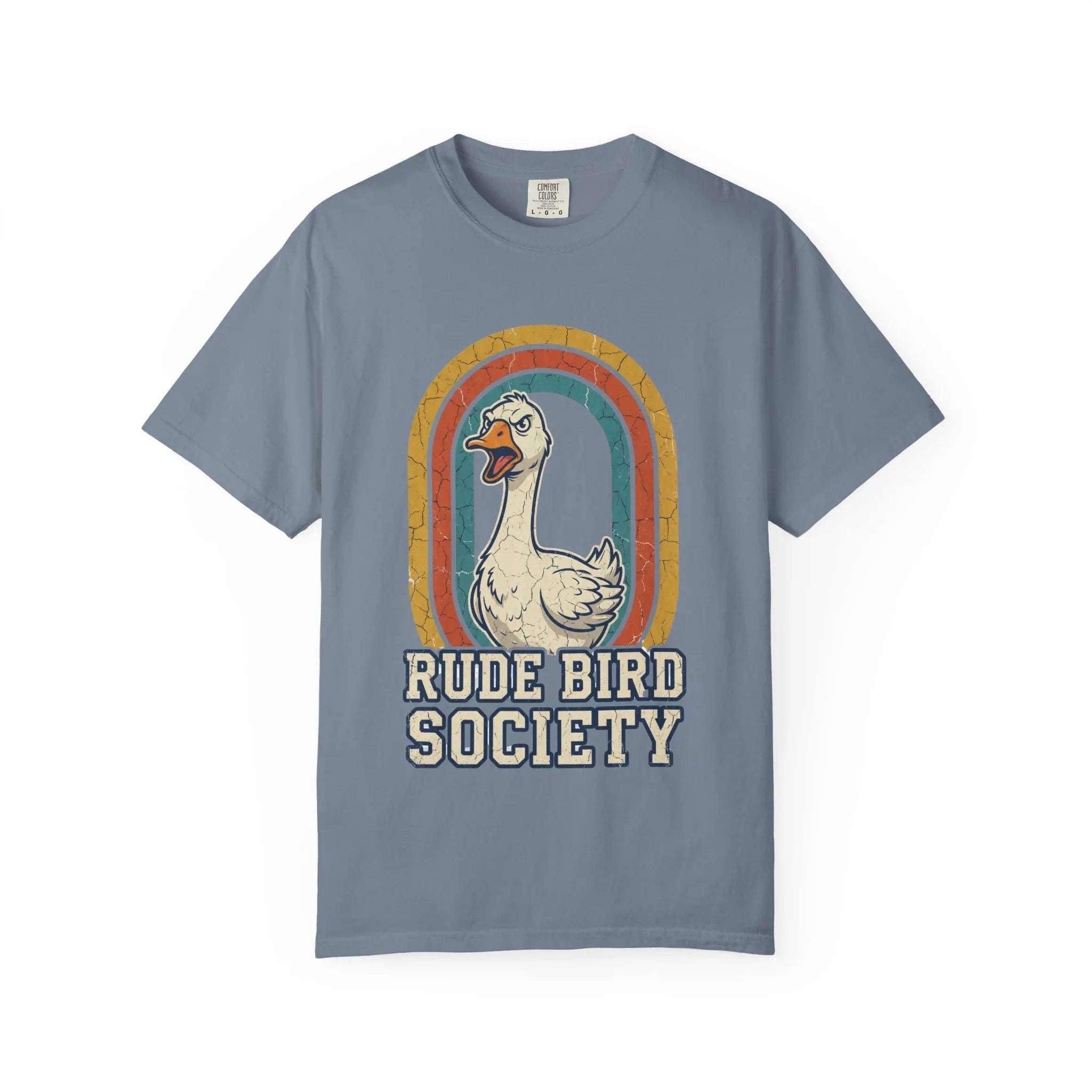 Rude Bird Society Goose Shirt, Retro Rainbow Tee, Funny Bird Humor T-Shirt, Vintage Distressed Graphic, Sarcastic Animal Gift Blue Jean