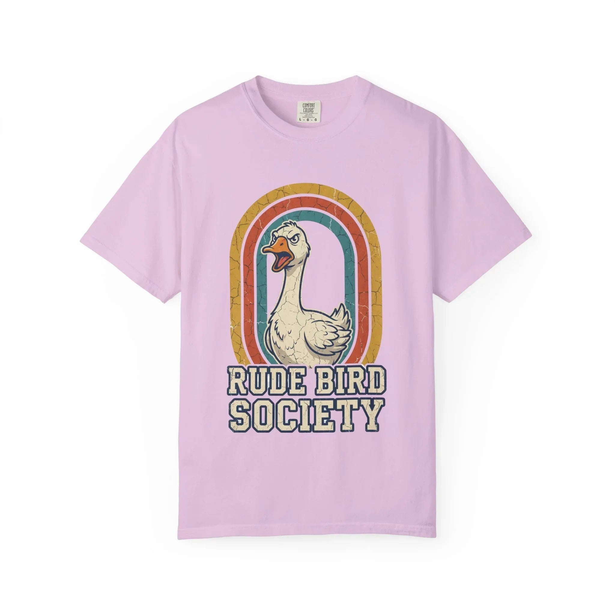 Rude Bird Society Goose Shirt, Retro Rainbow Tee, Funny Bird Humor T-Shirt, Vintage Distressed Graphic, Sarcastic Animal Gift Orchid