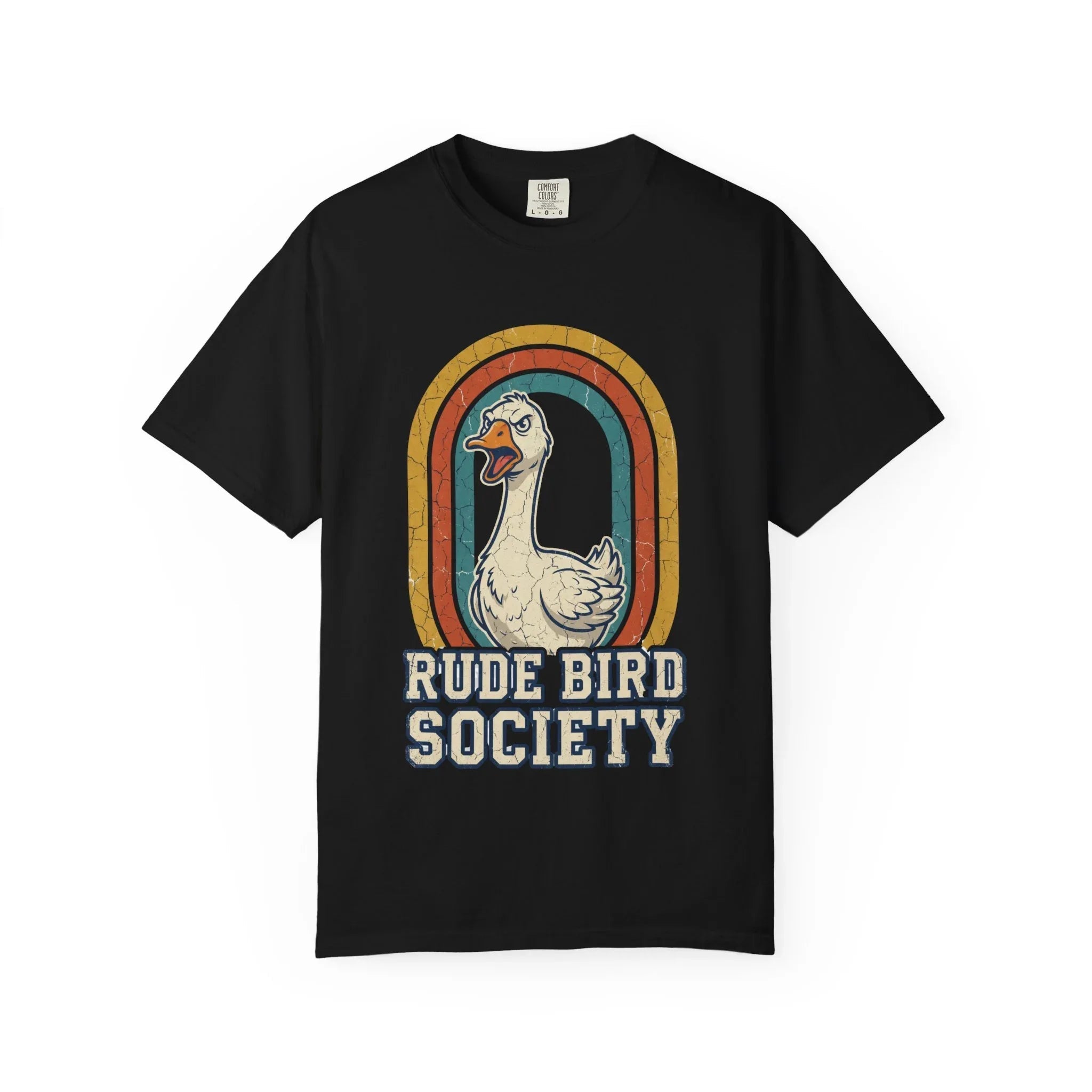 Rude Bird Society Goose Shirt, Retro Rainbow Tee, Funny Bird Humor T-Shirt, Vintage Distressed Graphic, Sarcastic Animal Gift Black