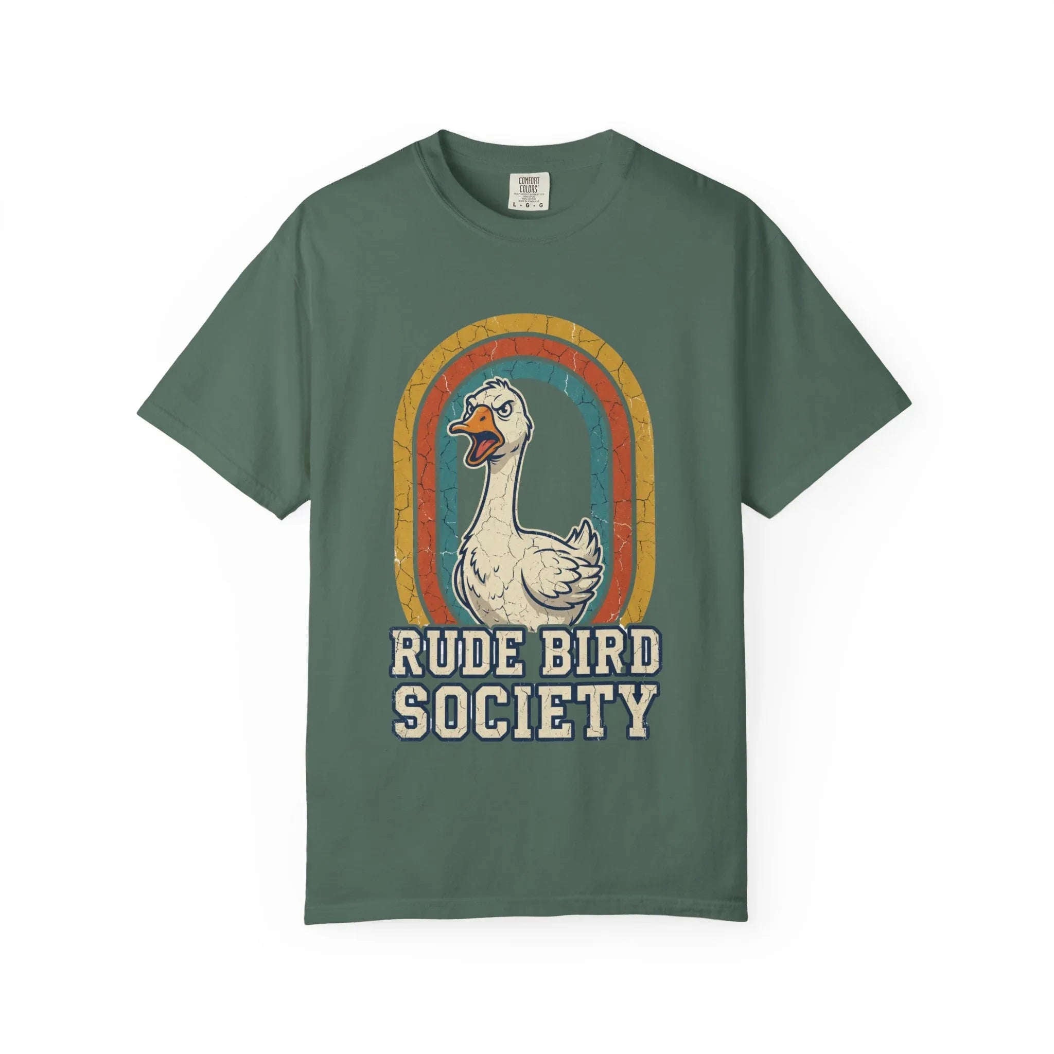 Rude Bird Society Goose Shirt, Retro Rainbow Tee, Funny Bird Humor T-Shirt, Vintage Distressed Graphic, Sarcastic Animal Gift Blue Spruce