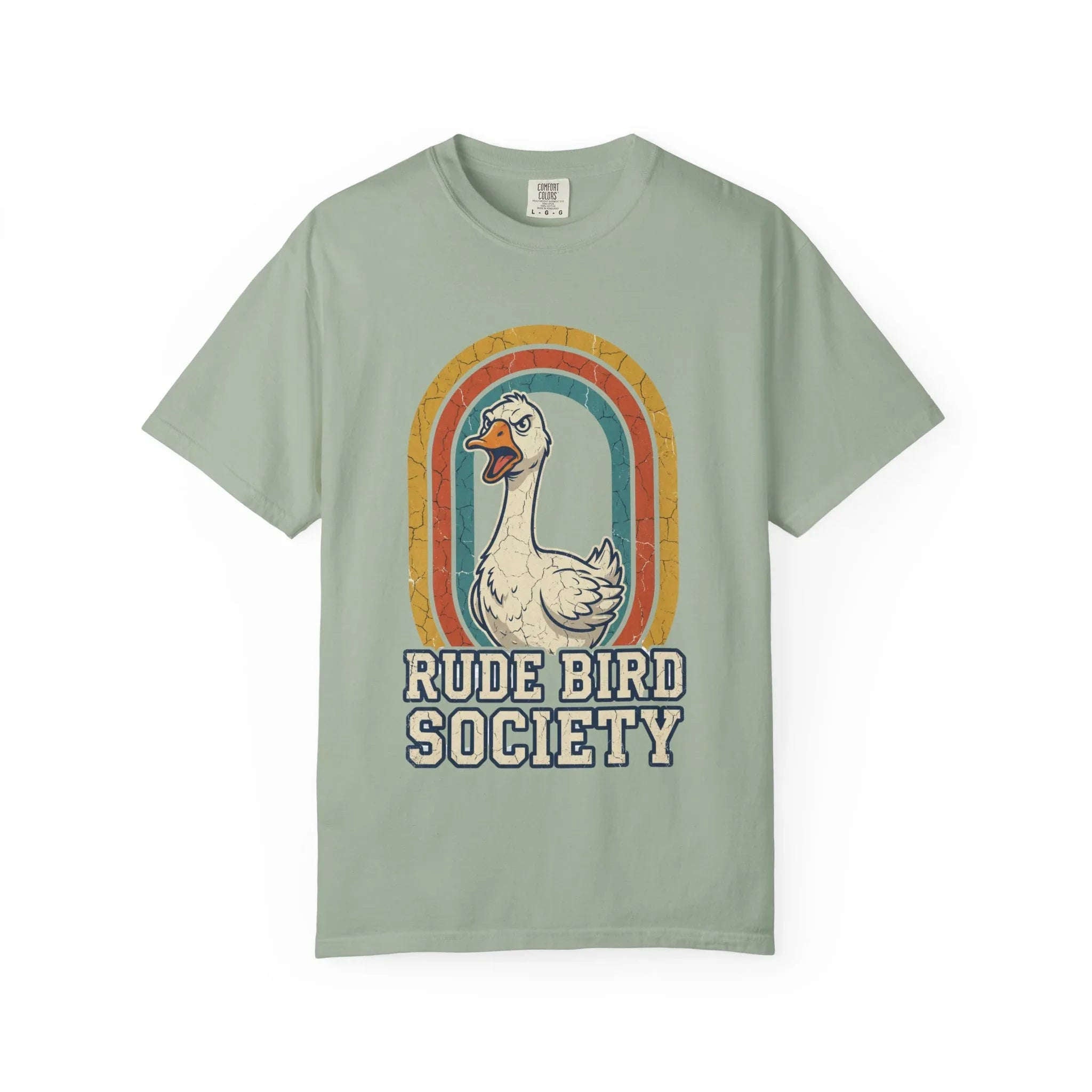 Rude Bird Society Goose Shirt, Retro Rainbow Tee, Funny Bird Humor T-Shirt, Vintage Distressed Graphic, Sarcastic Animal Gift Bay