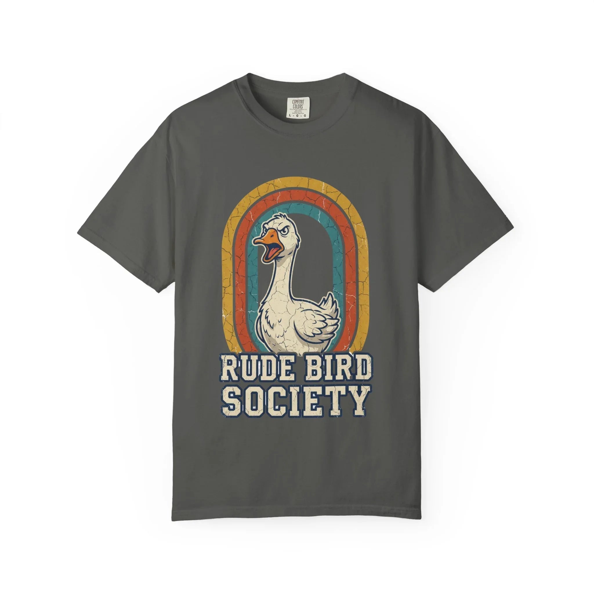 Rude Bird Society Goose Shirt, Retro Rainbow Tee, Funny Bird Humor T-Shirt, Vintage Distressed Graphic, Sarcastic Animal Gift Pepper