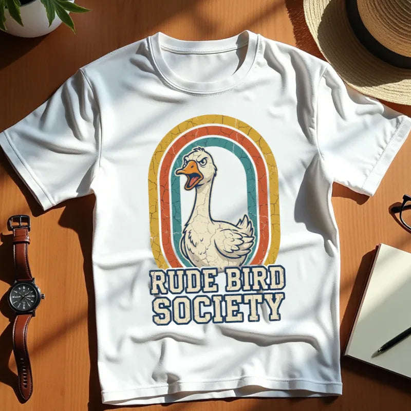 Rude Bird Society Goose Shirt, Retro Rainbow Tee, Funny Bird Humor T-Shirt, Vintage Distressed Graphic, Sarcastic Animal Gift White