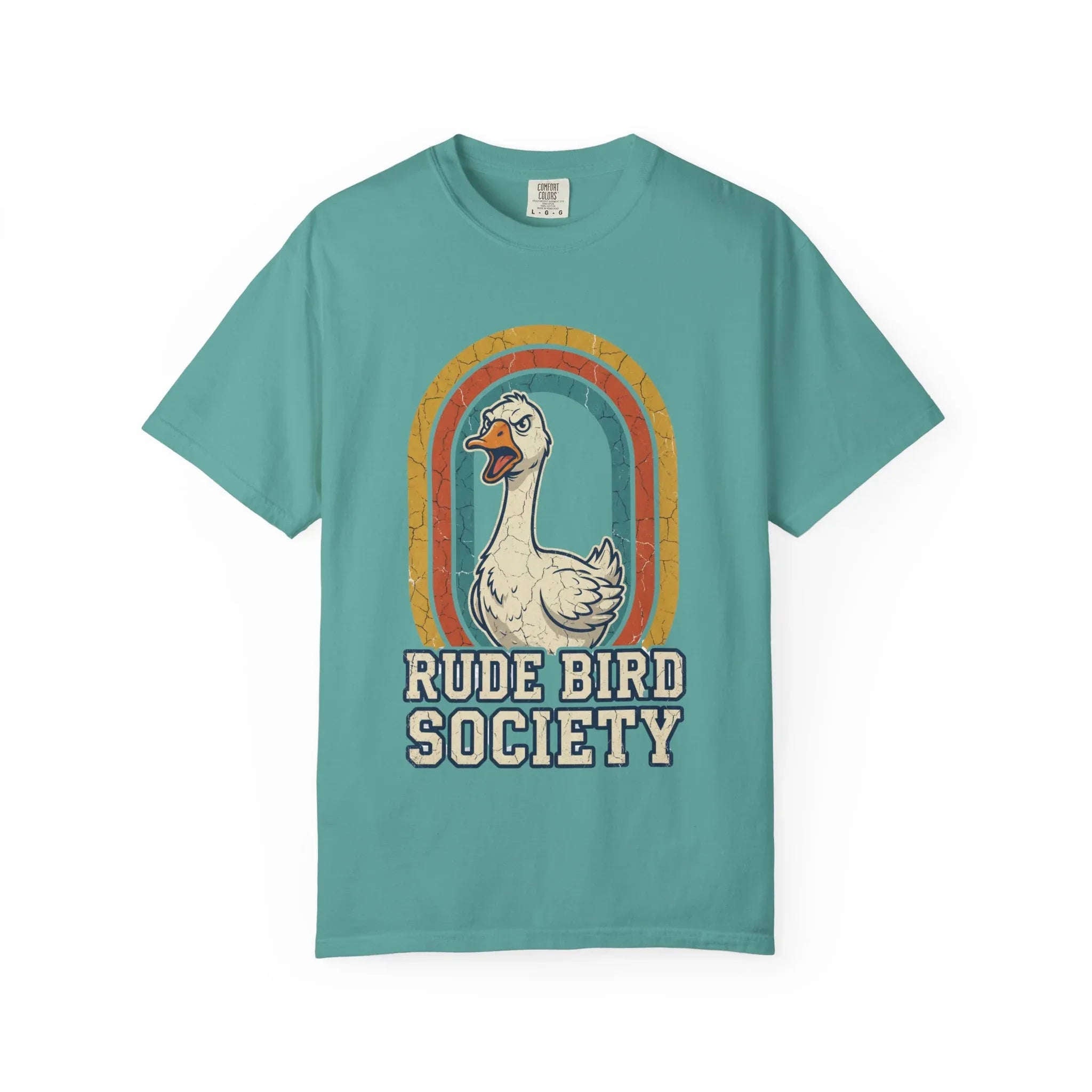 Rude Bird Society Goose Shirt, Retro Rainbow Tee, Funny Bird Humor T-Shirt, Vintage Distressed Graphic, Sarcastic Animal Gift Seafoam