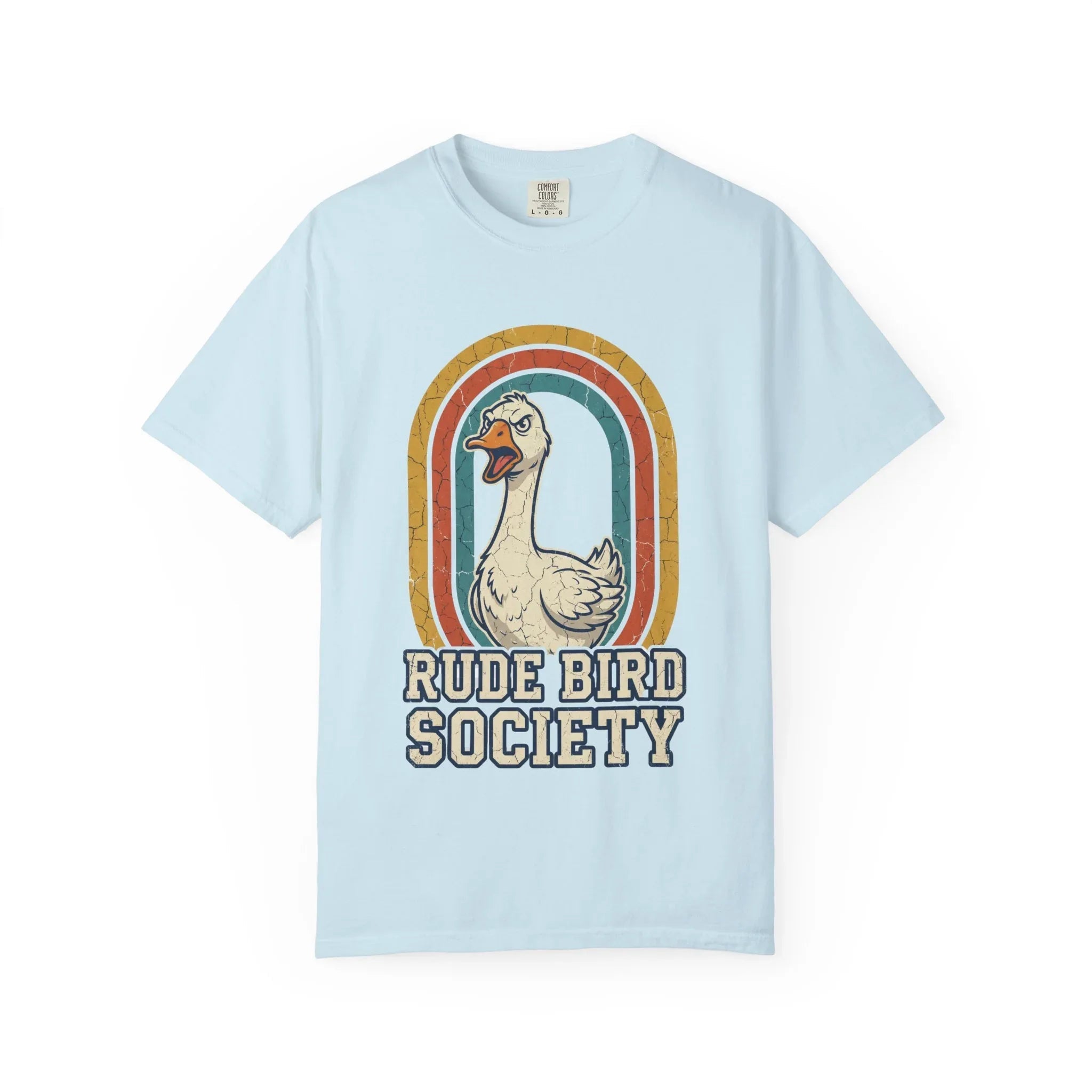 Rude Bird Society Goose Shirt, Retro Rainbow Tee, Funny Bird Humor T-Shirt, Vintage Distressed Graphic, Sarcastic Animal Gift Chambray