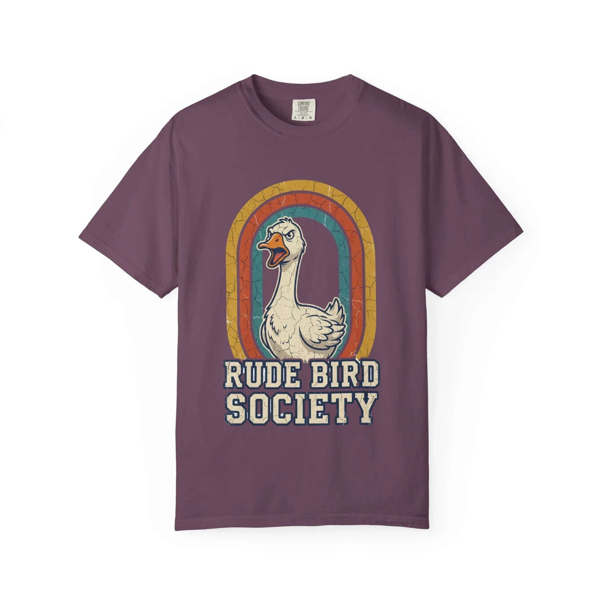 Rude Bird Society Goose Shirt, Retro Rainbow Tee, Funny Bird Humor T-Shirt, Vintage Distressed Graphic, Sarcastic Animal Gift Berry M