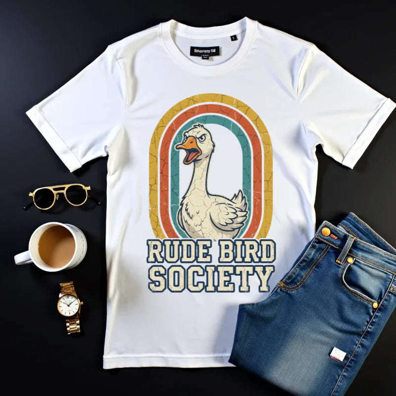 Rude Bird Society Goose Shirt, Retro Rainbow Tee, Funny Bird Humor T-Shirt, Vintage Distressed Graphic, Sarcastic Animal Gift