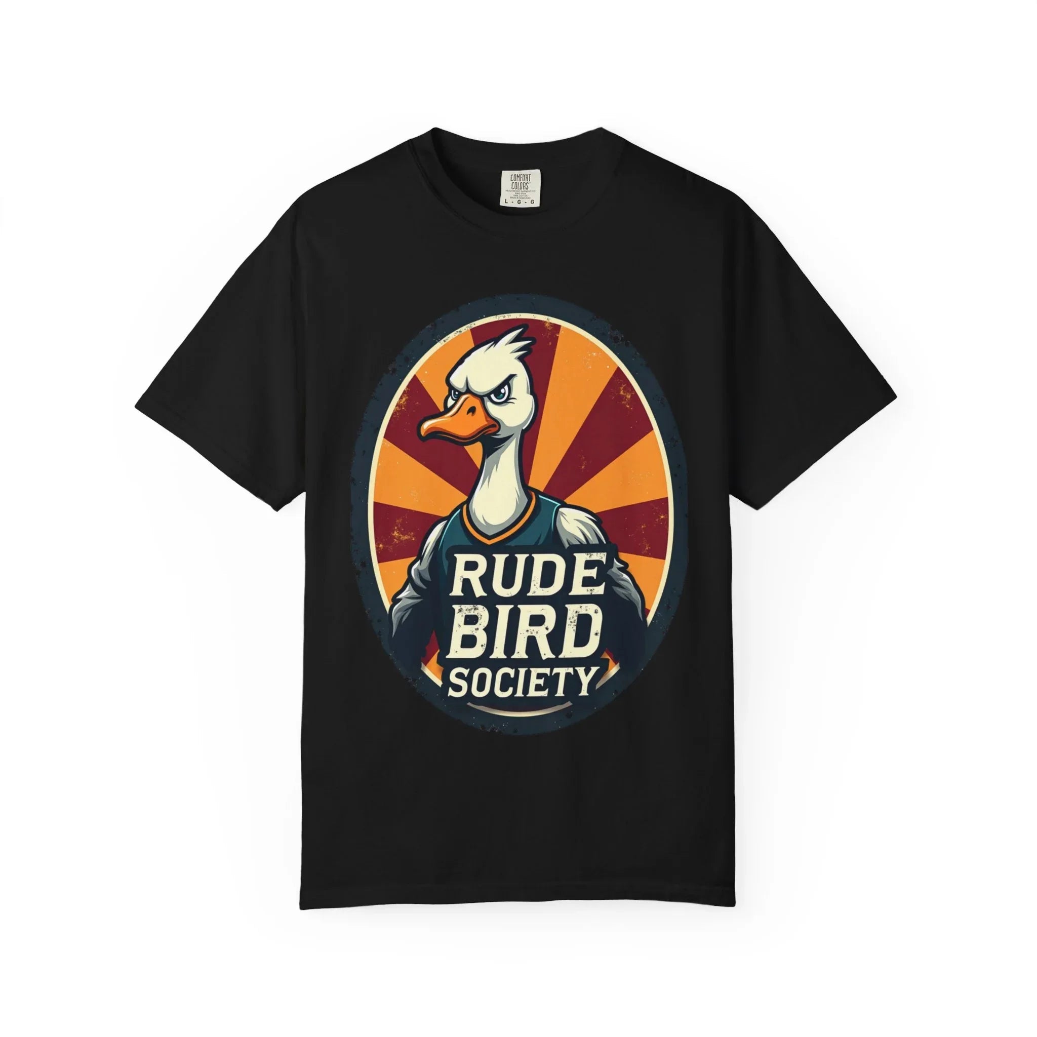 Rude Bird Society Shirt, Angry Goose Vintage Crest Tee, Retro Sunburst Graphic T-Shirt, Funny Duck Humor Gift, Sarcastic Animal Black