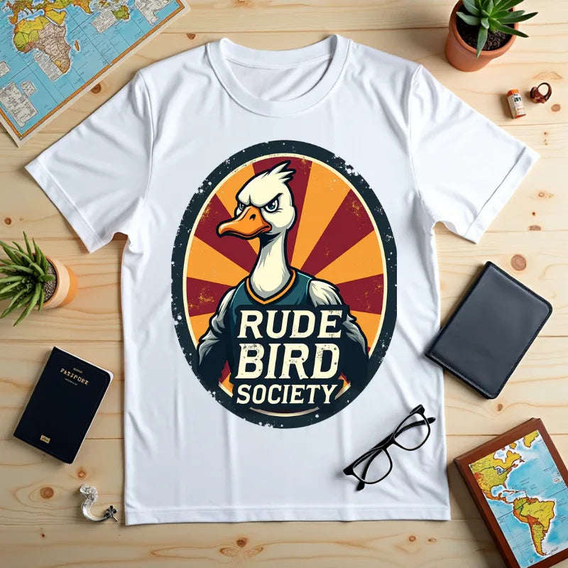 Rude Bird Society Shirt, Angry Goose Vintage Crest Tee, Retro Sunburst Graphic T-Shirt, Funny Duck Humor Gift, Sarcastic Animal White