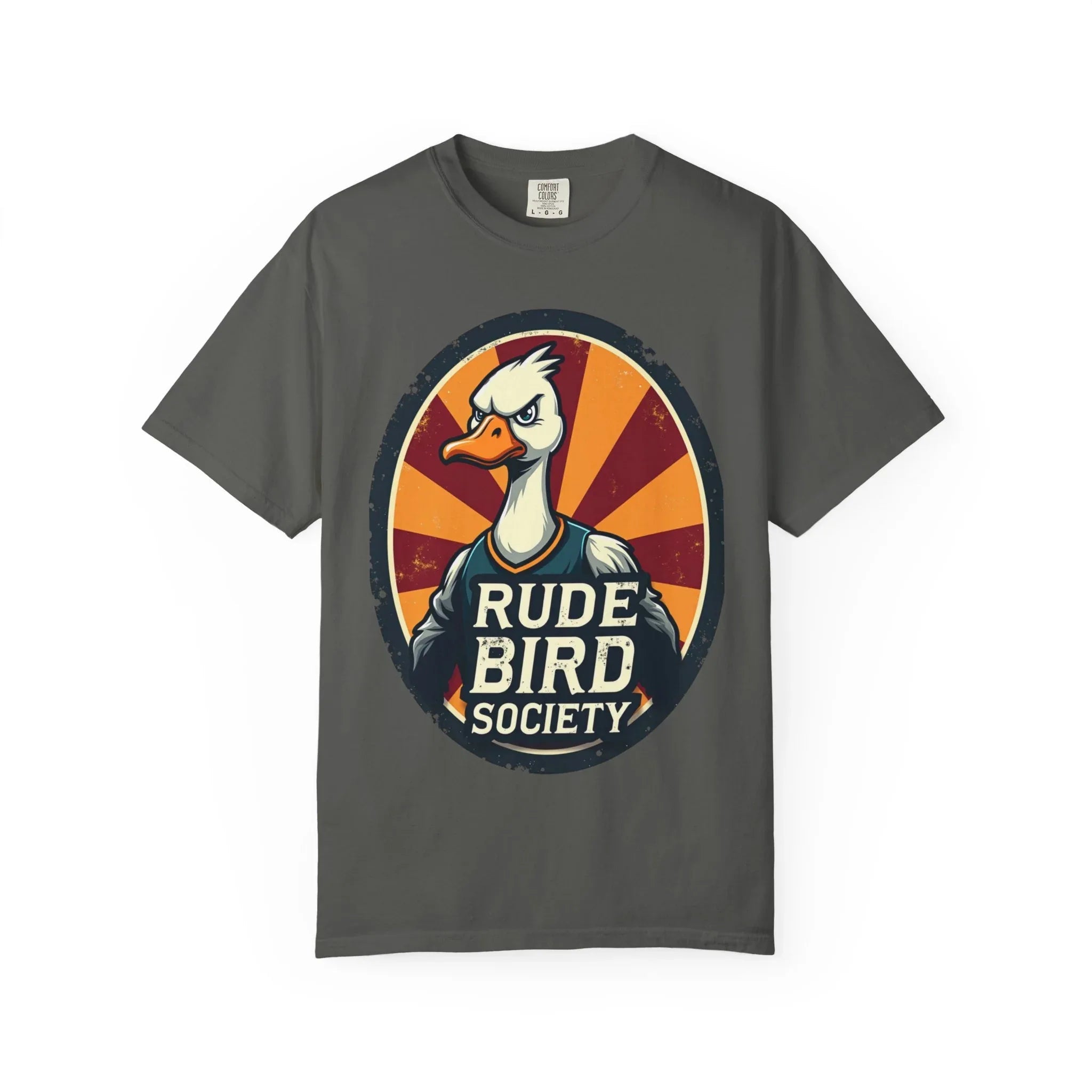 Rude Bird Society Shirt, Angry Goose Vintage Crest Tee, Retro Sunburst Graphic T-Shirt, Funny Duck Humor Gift, Sarcastic Animal Pepper