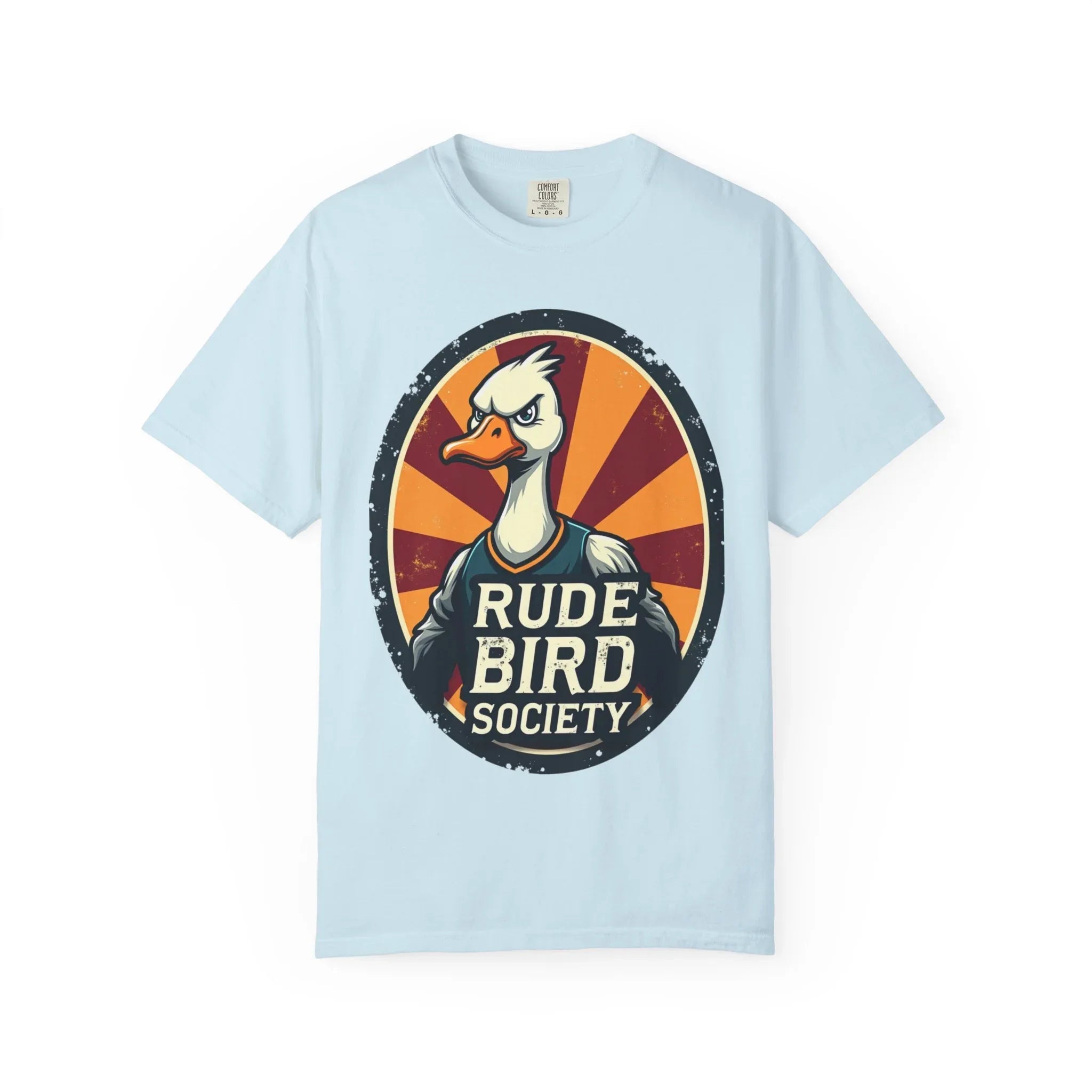 Rude Bird Society Shirt, Angry Goose Vintage Crest Tee, Retro Sunburst Graphic T-Shirt, Funny Duck Humor Gift, Sarcastic Animal Chambray