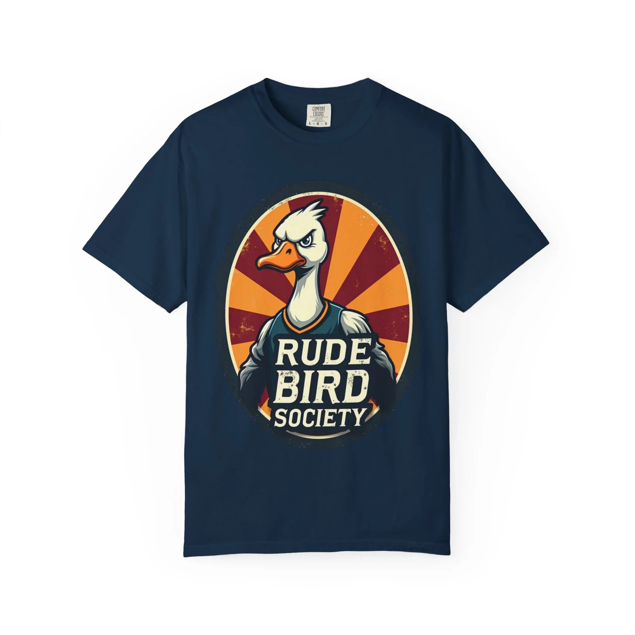 Rude Bird Society Shirt, Angry Goose Vintage Crest Tee, Retro Sunburst Graphic T-Shirt, Funny Duck Humor Gift, Sarcastic Animal True Navy