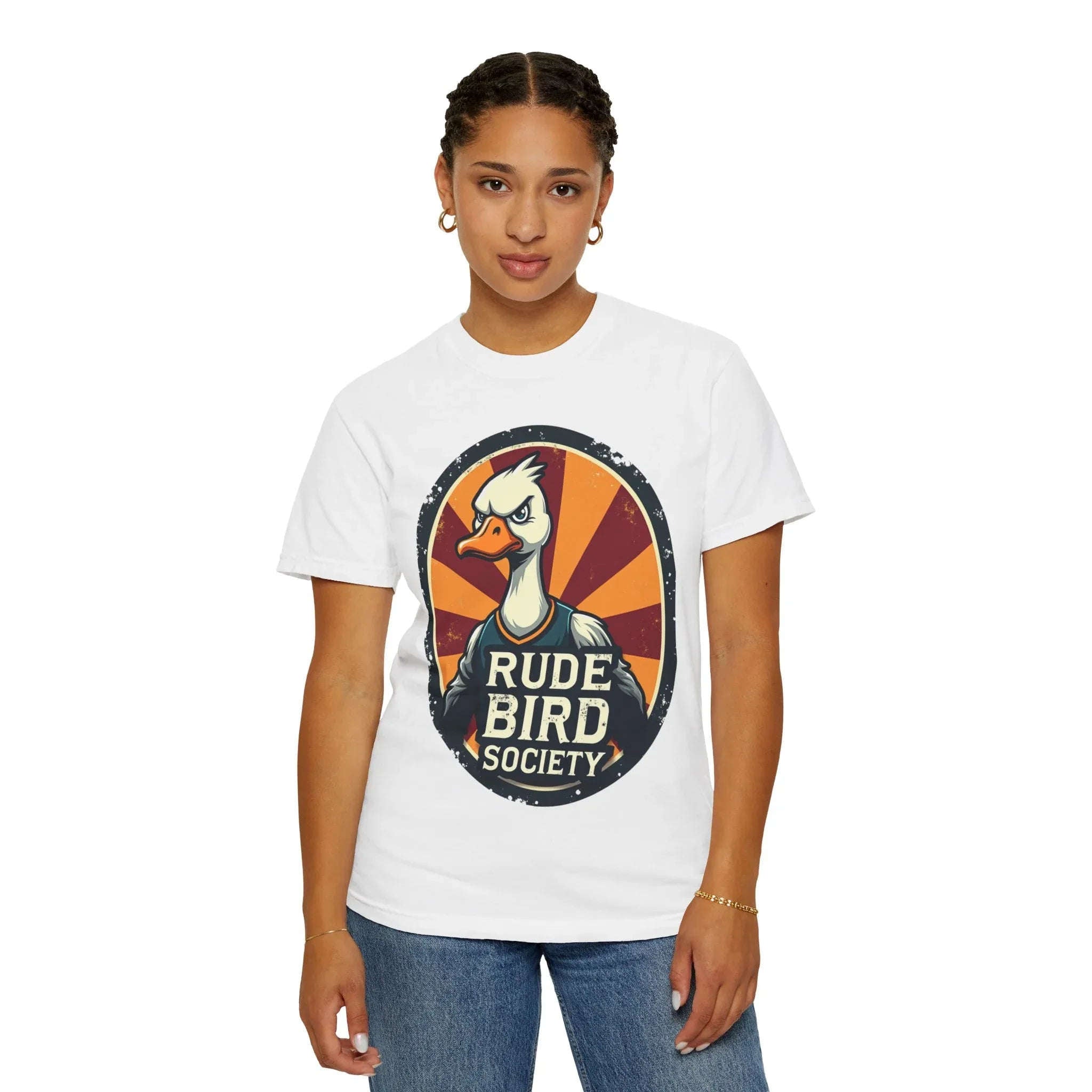 Rude Bird Society Shirt, Angry Goose Vintage Crest Tee, Retro Sunburst Graphic T-Shirt, Funny Duck Humor Gift, Sarcastic Animal