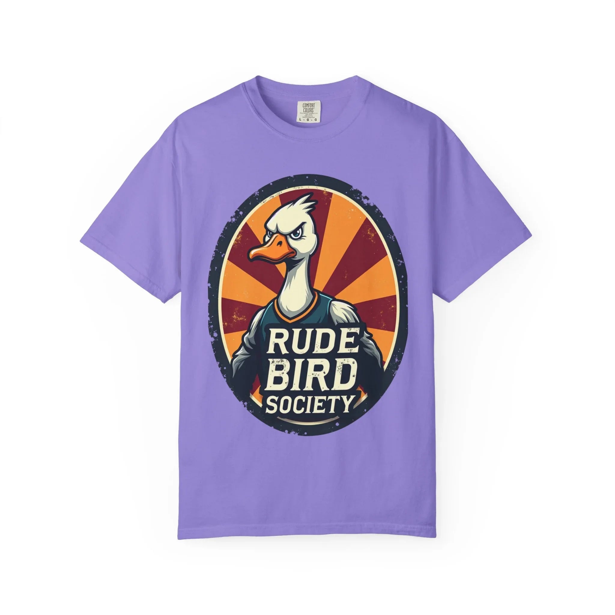 Rude Bird Society Shirt, Angry Goose Vintage Crest Tee, Retro Sunburst Graphic T-Shirt, Funny Duck Humor Gift, Sarcastic Animal Violet