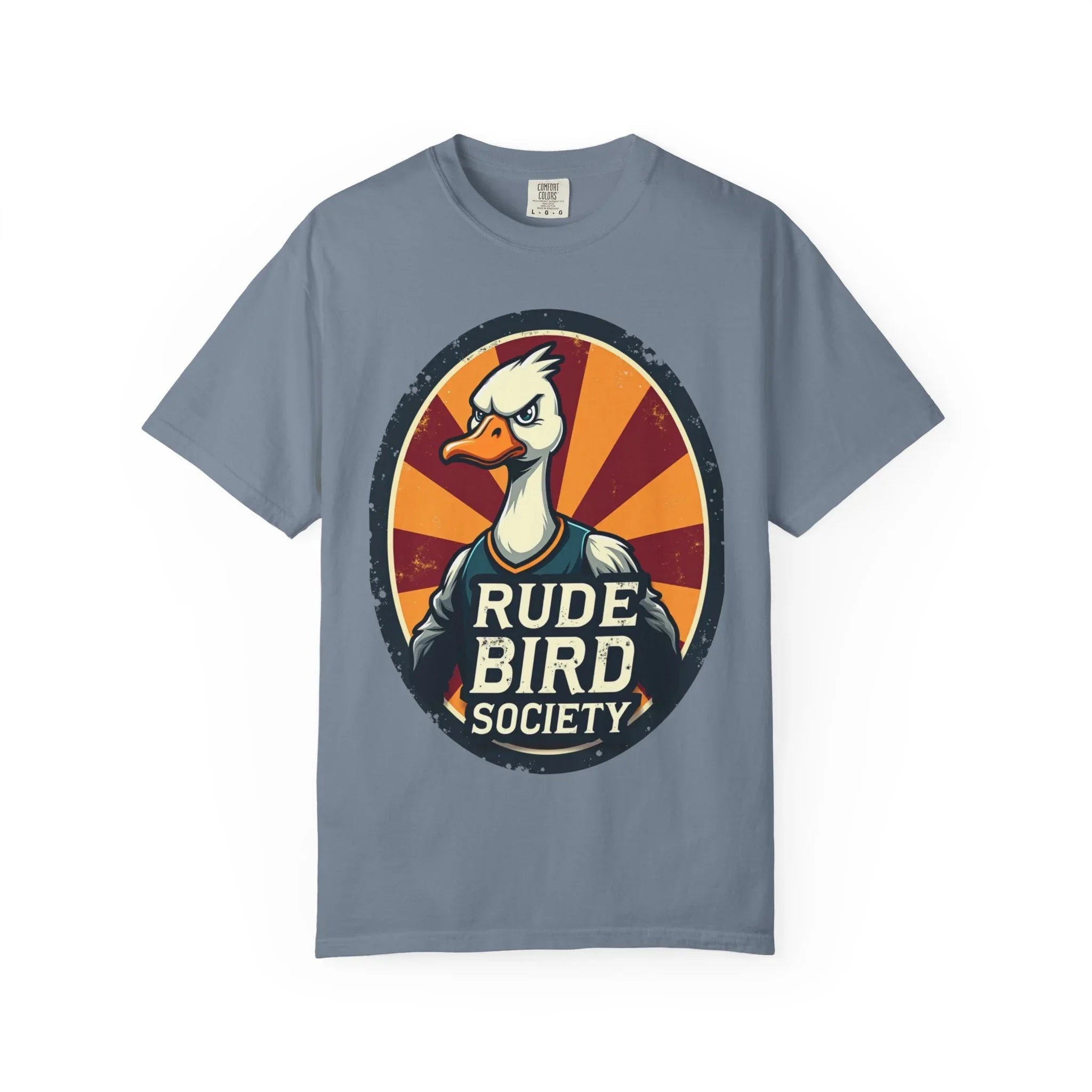 Rude Bird Society Shirt, Angry Goose Vintage Crest Tee, Retro Sunburst Graphic T-Shirt, Funny Duck Humor Gift, Sarcastic Animal Blue Jean