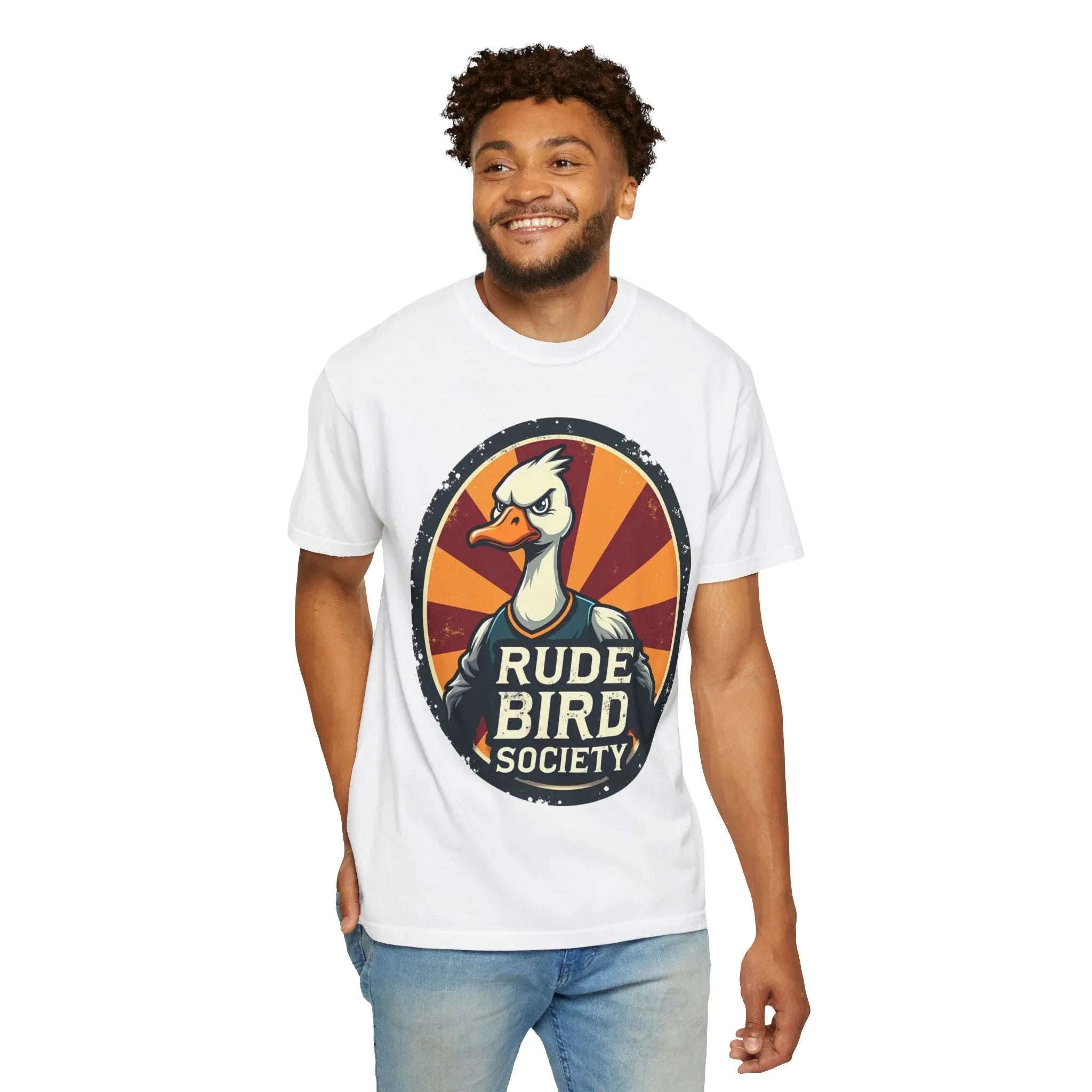 Rude Bird Society Shirt, Angry Goose Vintage Crest Tee, Retro Sunburst Graphic T-Shirt, Funny Duck Humor Gift, Sarcastic Animal