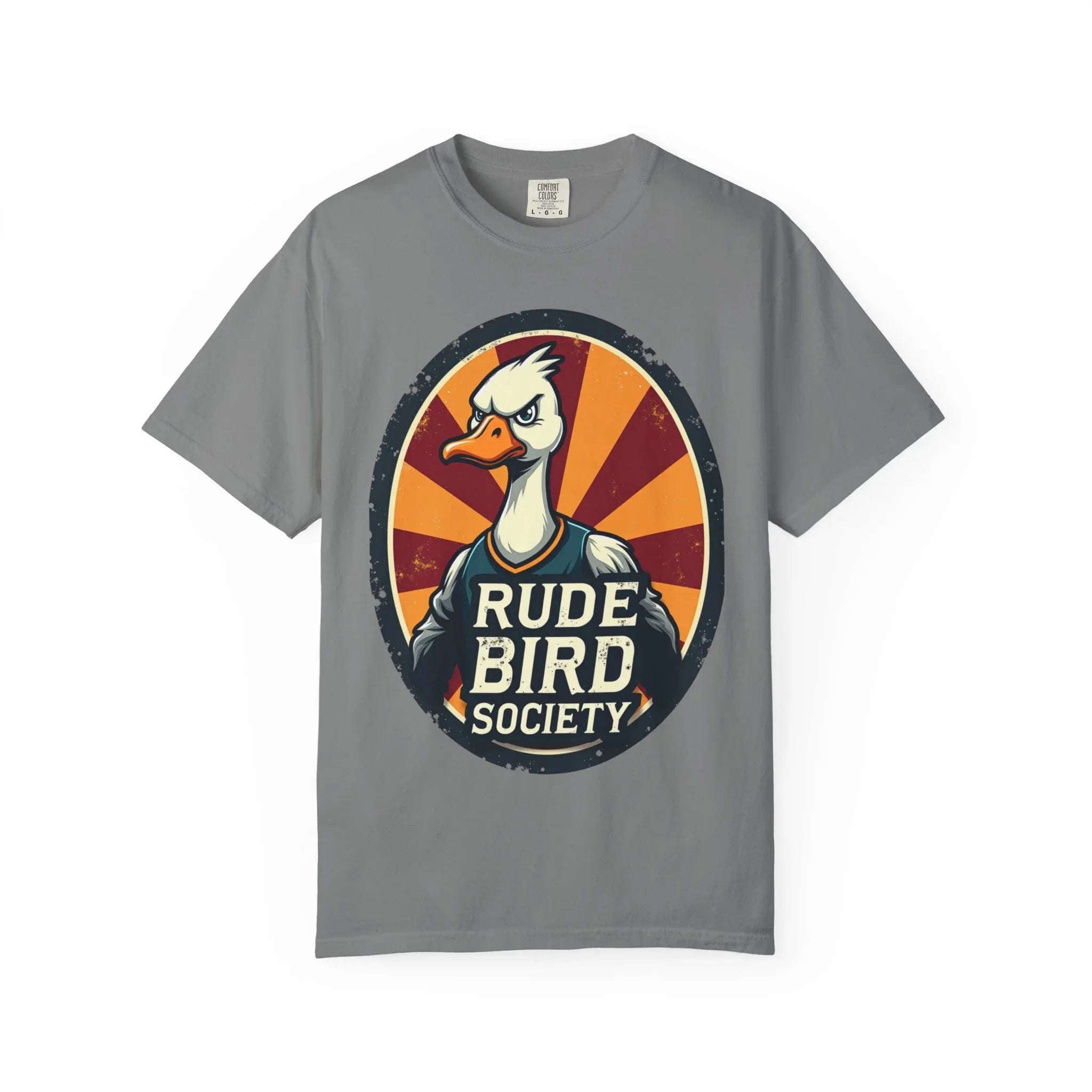 Rude Bird Society Shirt, Angry Goose Vintage Crest Tee, Retro Sunburst Graphic T-Shirt, Funny Duck Humor Gift, Sarcastic Animal Grey
