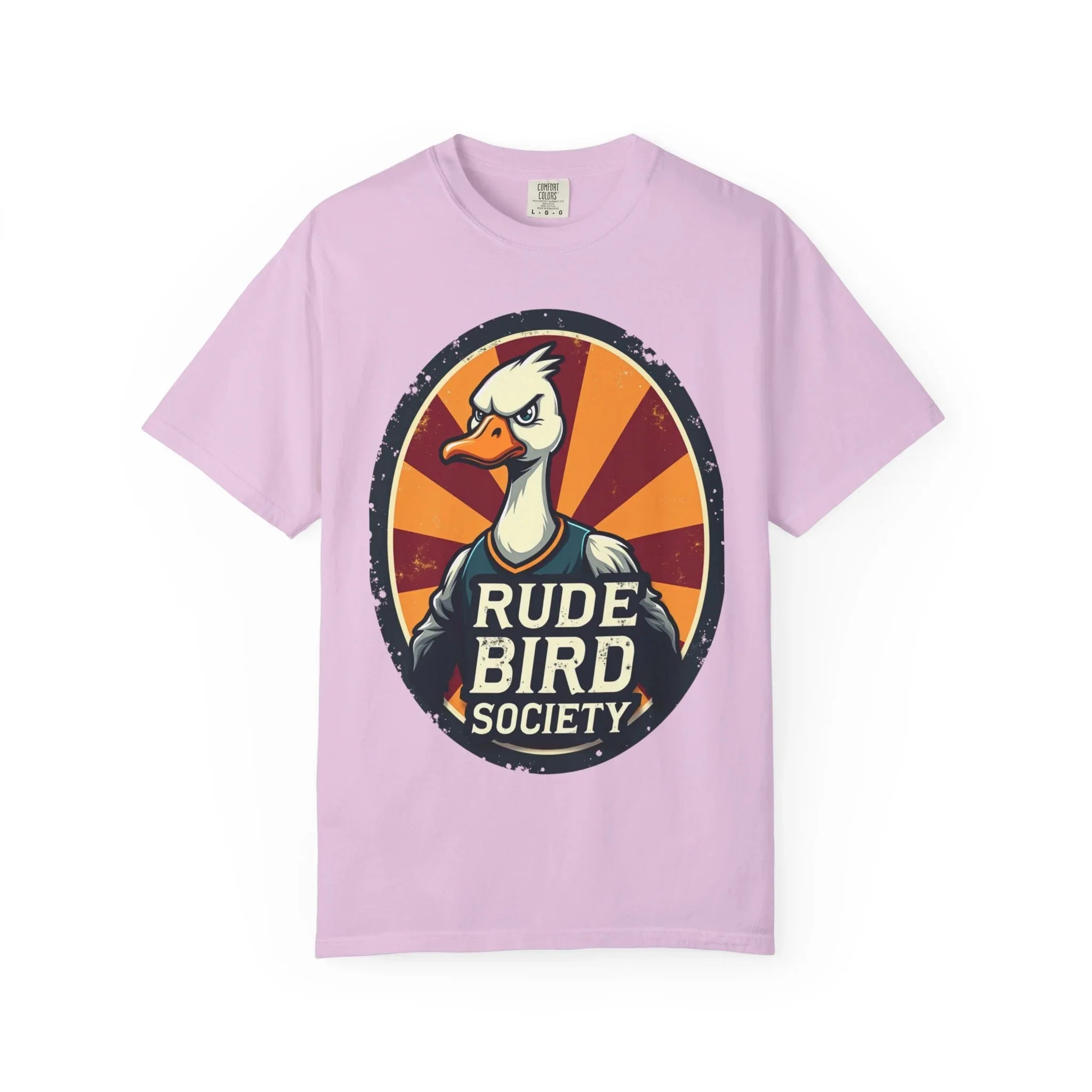 Rude Bird Society Shirt, Angry Goose Vintage Crest Tee, Retro Sunburst Graphic T-Shirt, Funny Duck Humor Gift, Sarcastic Animal Orchid