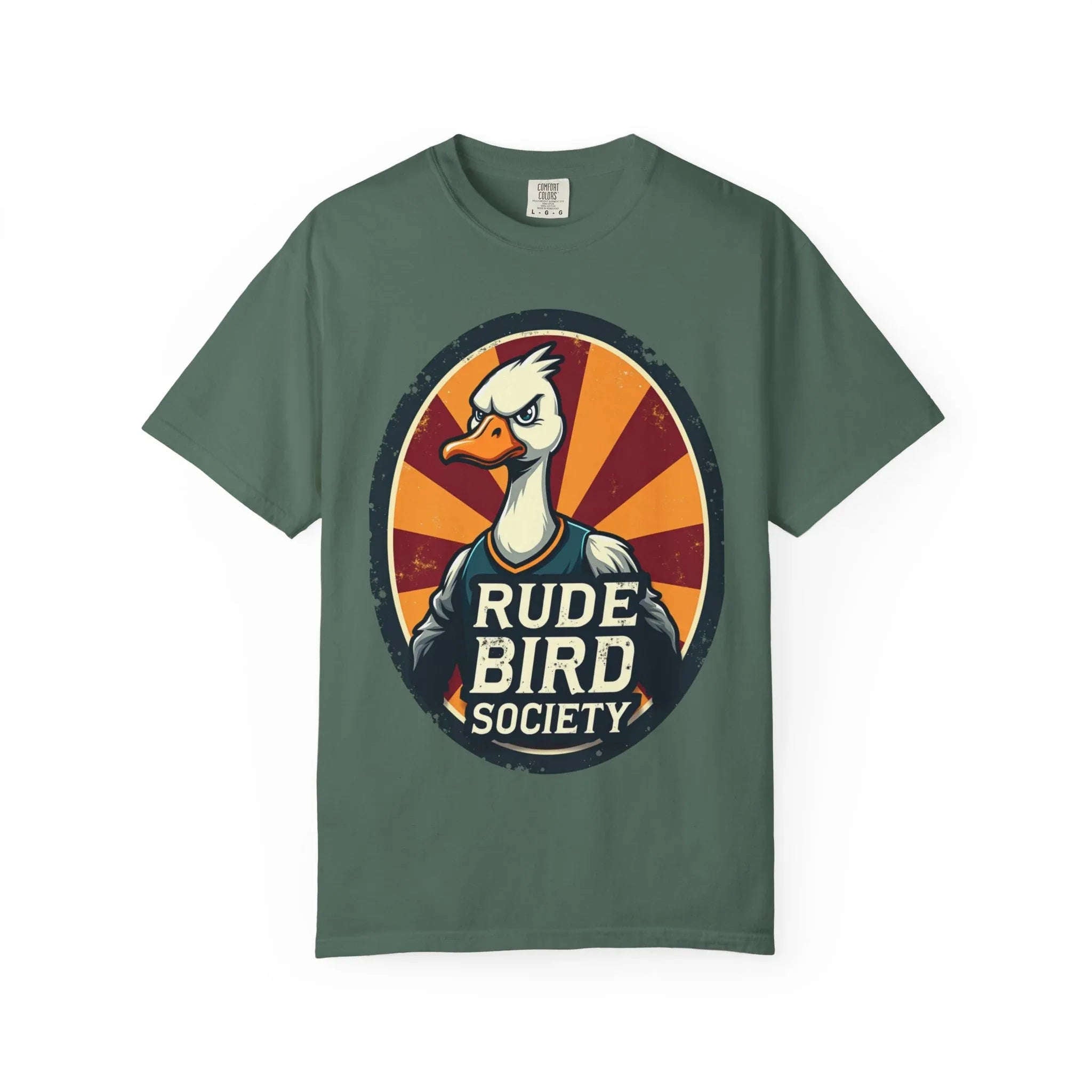 Rude Bird Society Shirt, Angry Goose Vintage Crest Tee, Retro Sunburst Graphic T-Shirt, Funny Duck Humor Gift, Sarcastic Animal Blue Spruce