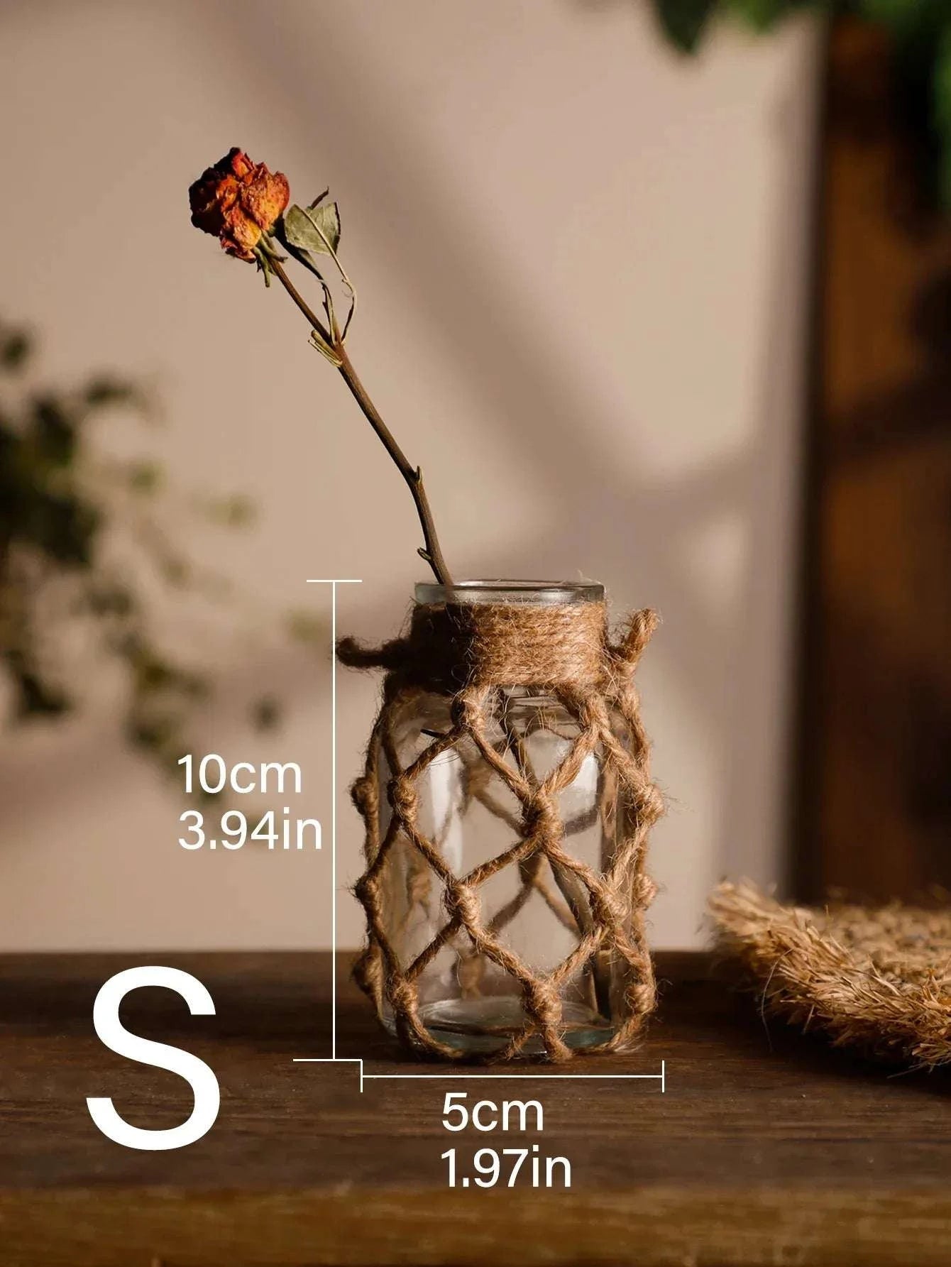 🌿Rustic Hanging Glass Vase with Hemp Rope Net – Handmade Transparent Glass Holder for Dried Flowers and Boho Home Décor TK-RXHP286