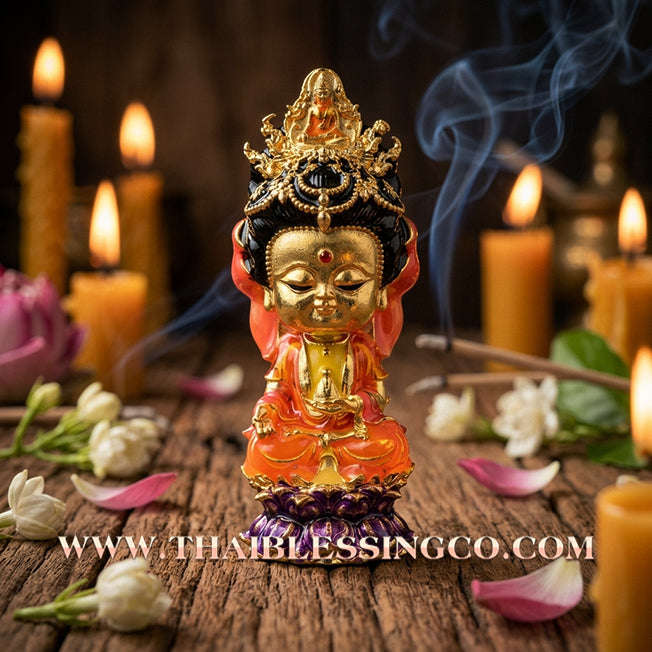 🪷 Sacred "Chao Mae Kuan Im Noi Roy Lan": Authentic Gold-Plated Enamel Victory Bronze Goddess of Compassion for Infinite Wealth by Phra Arjan Amnat (2023)