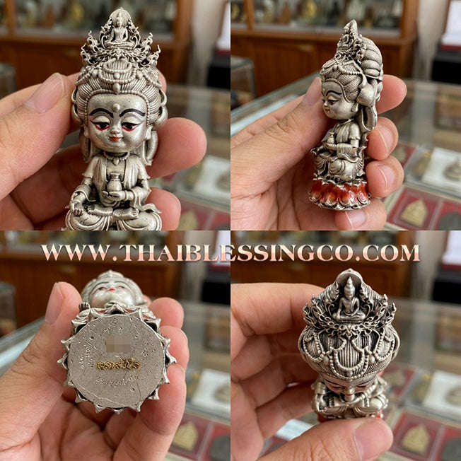 🪷 Sacred "Chao Mae Kuan Im Noi Roy Lan": Authentic Silver Satin-Plated Victory Bronze Goddess of Compassion for Infinite Wealth by Phra Arjan Amnat (2023)