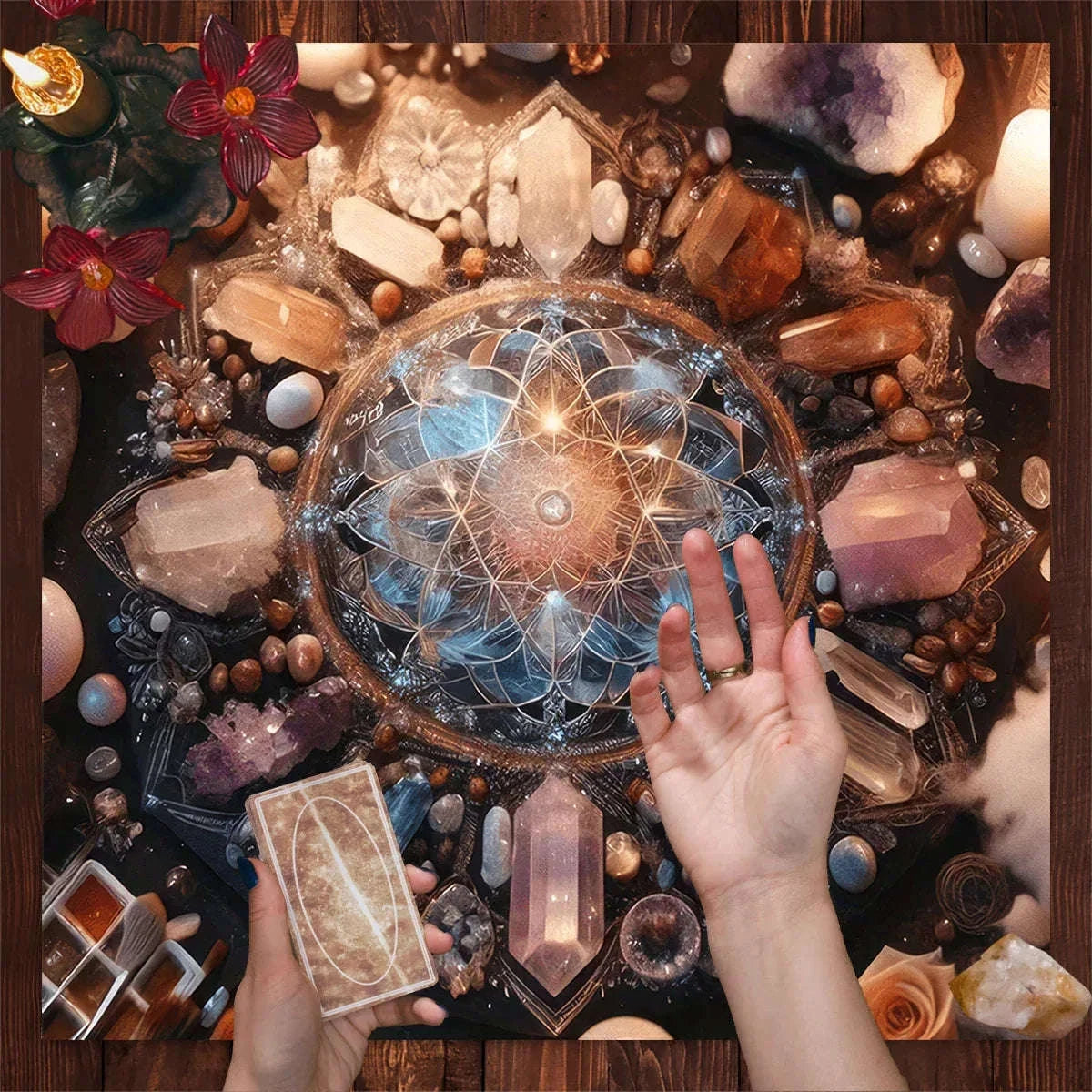 🌸 Sacred Flower Of Life Tarot Tablecloth – 100% Polyester with Geometric Spiritual Design for Divination and Rituals