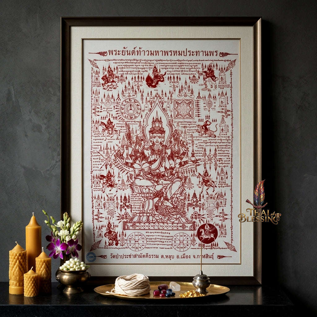 ✨👑 Sacred Grand Phra Phrom Blessing Yantra Cloth - Phra Arjan Waen Wat Pa Pracha Samakkhi Dham 2014 Masterpiece Scroll, Ultimate Quad-Directional Wealth Matrix, Premium Executive Boardroom Spiritual Wall Art