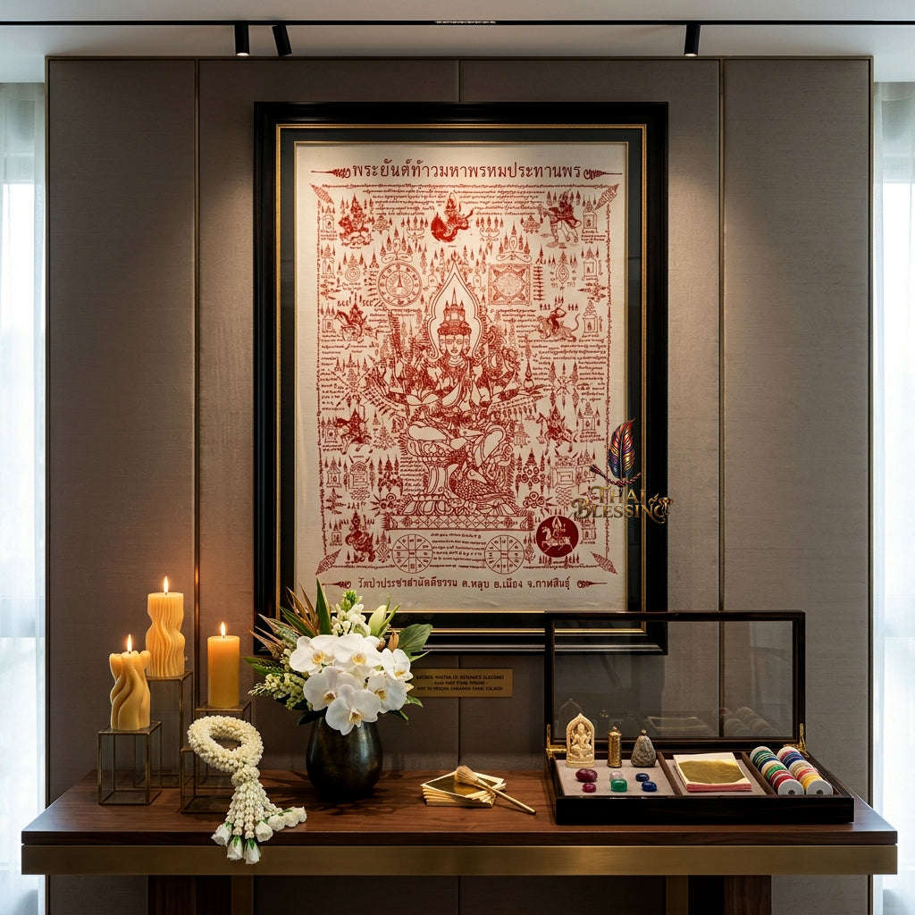 ✨👑 Sacred Grand Phra Phrom Blessing Yantra Cloth - Phra Arjan Waen Wat Pa Pracha Samakkhi Dham 2014 Masterpiece Scroll, Ultimate Quad-Directional Wealth Matrix, Premium Executive Boardroom Spiritual Wall Art