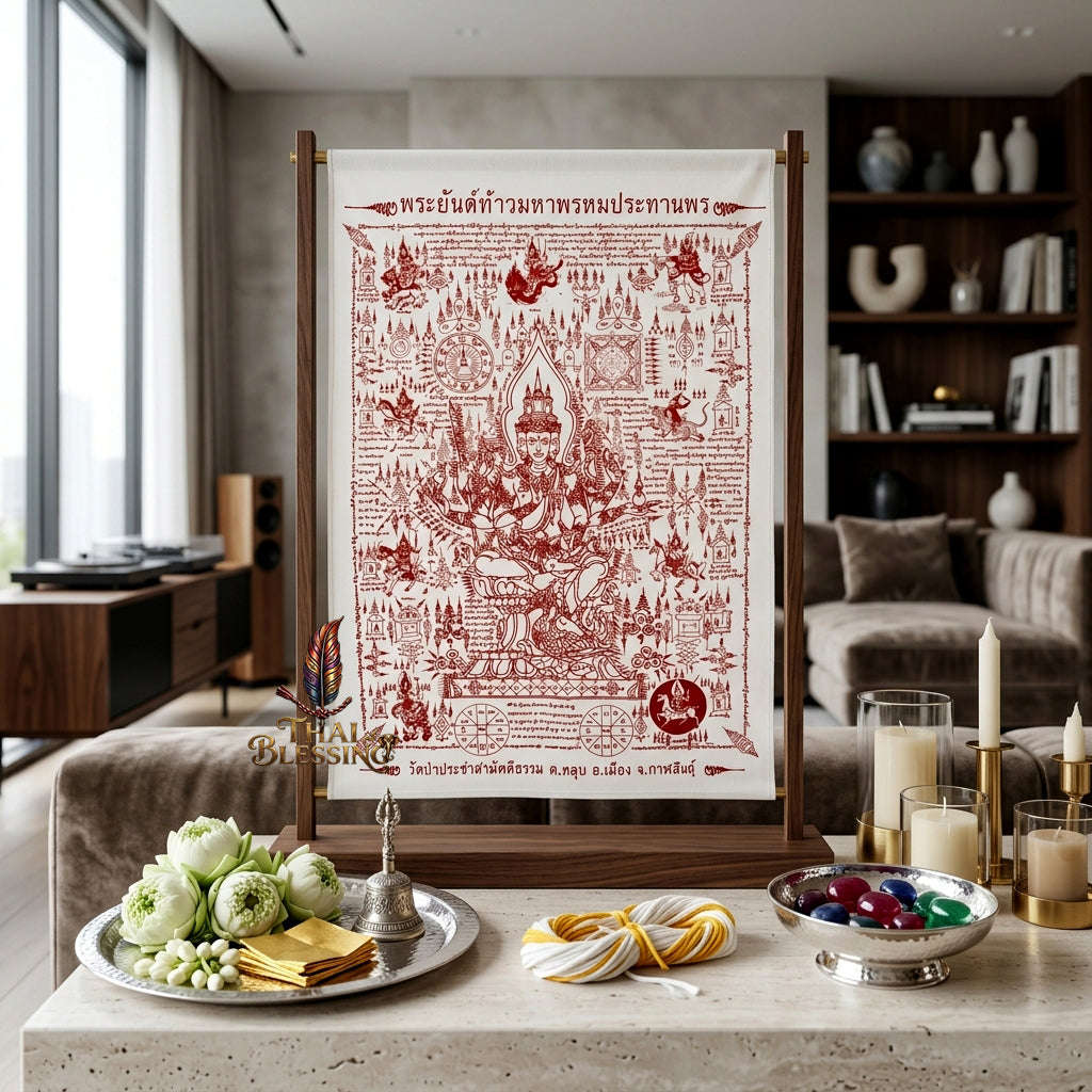 ✨👑 Sacred Grand Phra Phrom Blessing Yantra Cloth - Phra Arjan Waen Wat Pa Pracha Samakkhi Dham 2014 Masterpiece Scroll, Ultimate Quad-Directional Wealth Matrix, Premium Executive Boardroom Spiritual Wall Art