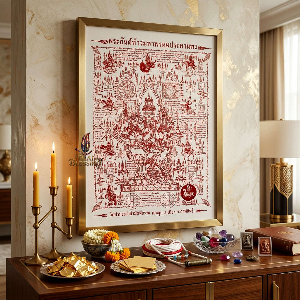 ✨👑 Sacred Grand Phra Phrom Blessing Yantra Cloth - Phra Arjan Waen Wat Pa Pracha Samakkhi Dham 2014 Masterpiece Scroll, Ultimate Quad-Directional Wealth Matrix, Premium Executive Boardroom Spiritual Wall Art