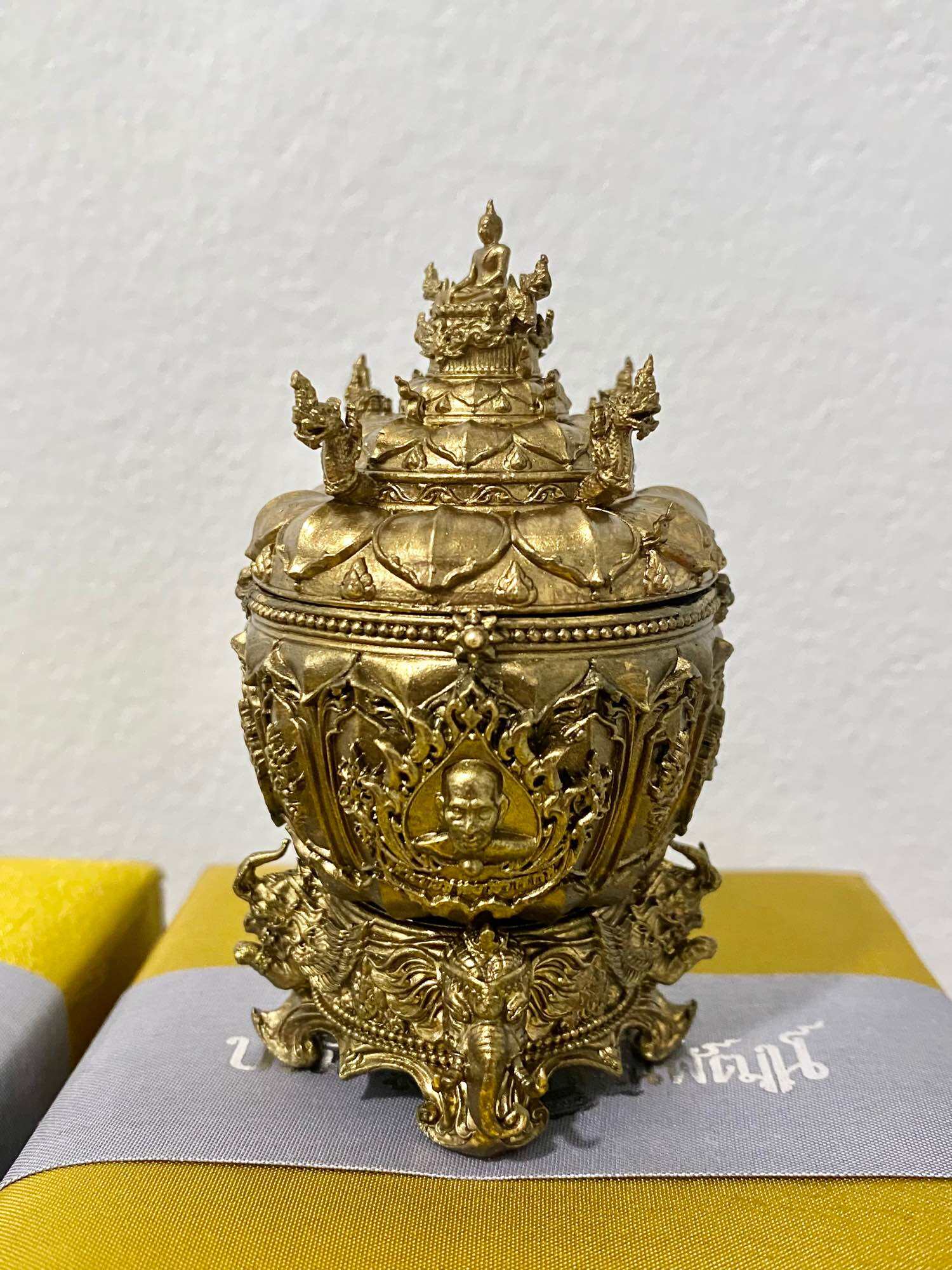 Sacred holy water bowl Boromkhru Edition with intricate detailing and a gold finish from Thai Blessing Co