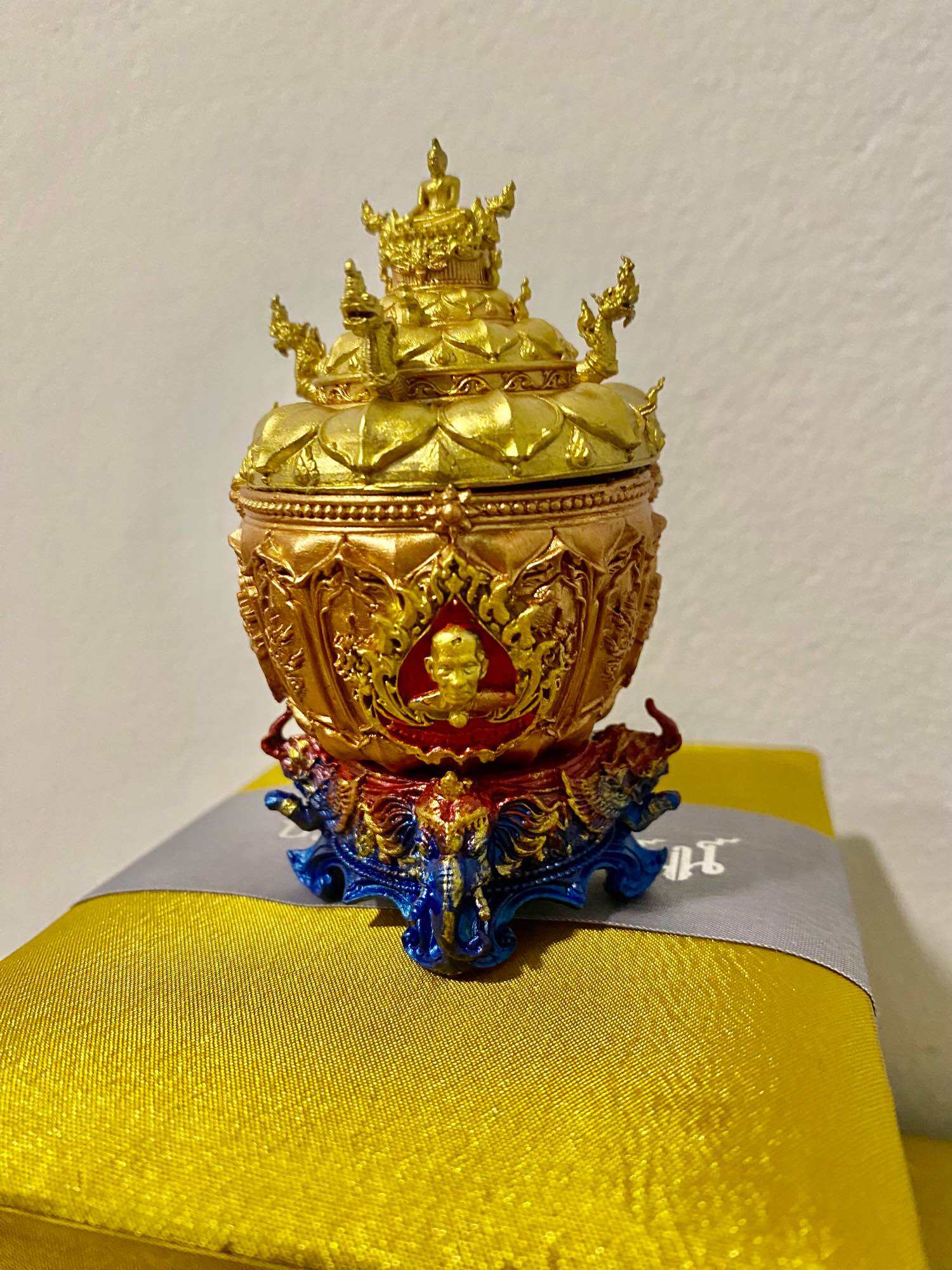 Sacred holy water bowl Boromkhru Edition in ornate gold and blue design, perfect for spiritual practices