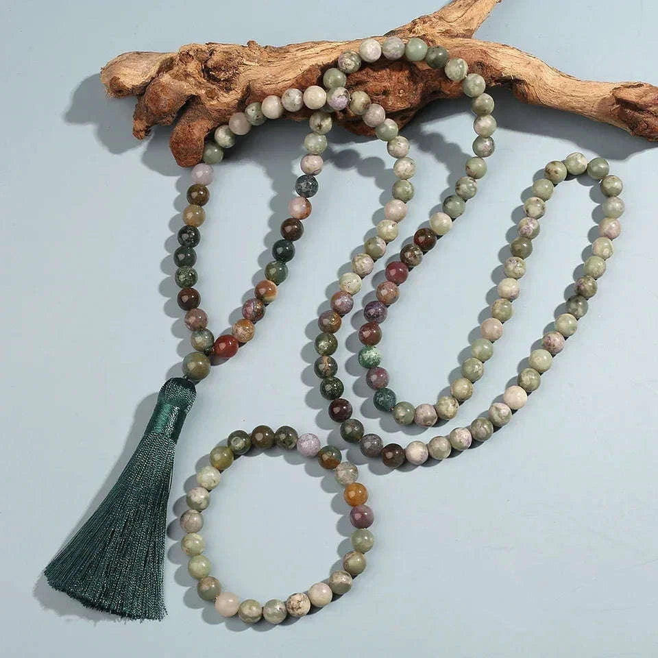 🌿 Sacred Indian Onyx 108 Mala Beads (8mm): The Stone of Strength & Memory – Healing Meditation Necklace, Yoga Prayer Rosary & Japamala Set