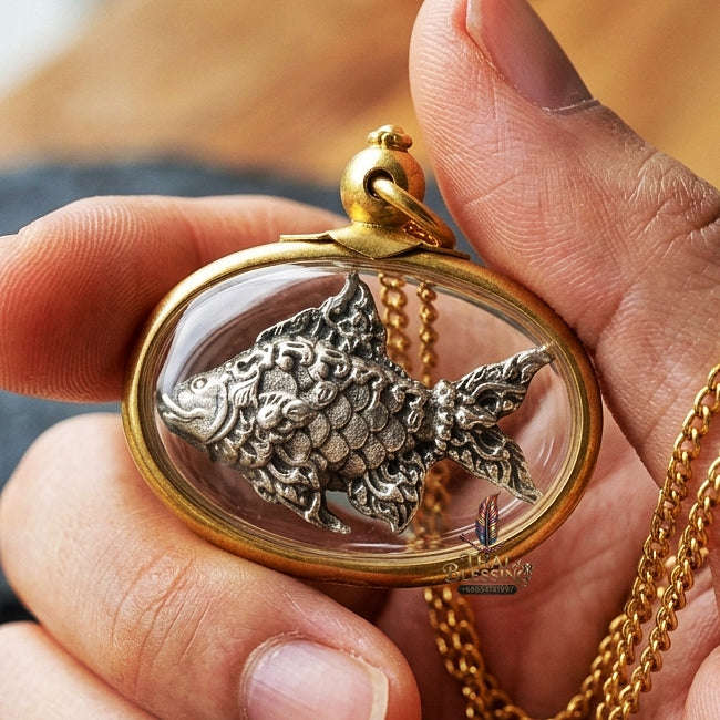 Sacred Lucky Carp Wealth Attraction Amulet (White Gold) – Luang Pu Maen Thai Blessing Co By RURUECHA