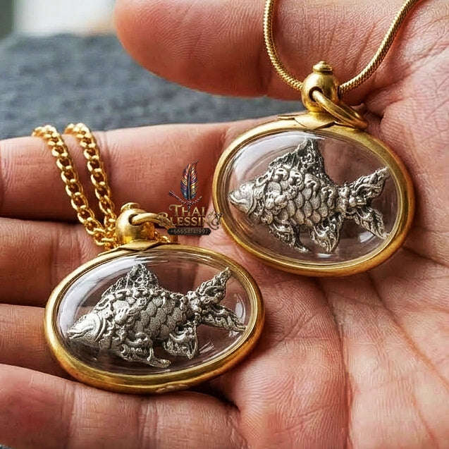 Sacred Lucky Carp Wealth Attraction Amulet (White Gold) – Luang Pu Maen Thai Blessing Co By RURUECHA