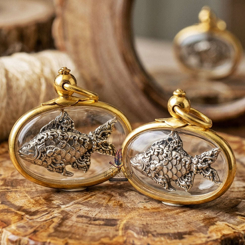 Sacred Lucky Carp Wealth Attraction Amulet (White Gold) – Luang Pu Maen Thai Blessing Co By RURUECHA