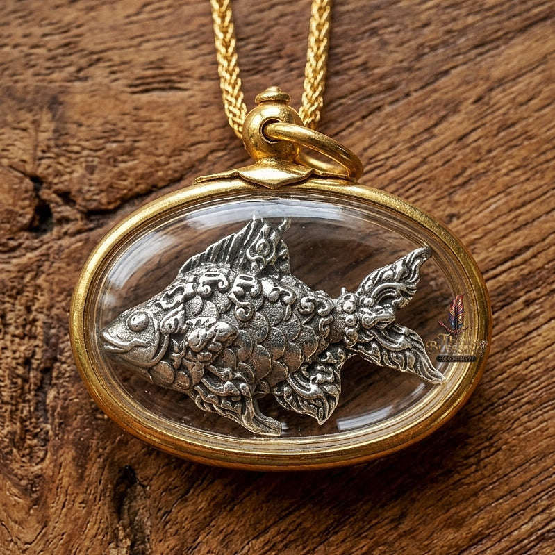Sacred Lucky Carp Wealth Attraction Amulet (White Gold) – Luang Pu Maen Thai Blessing Co By RURUECHA