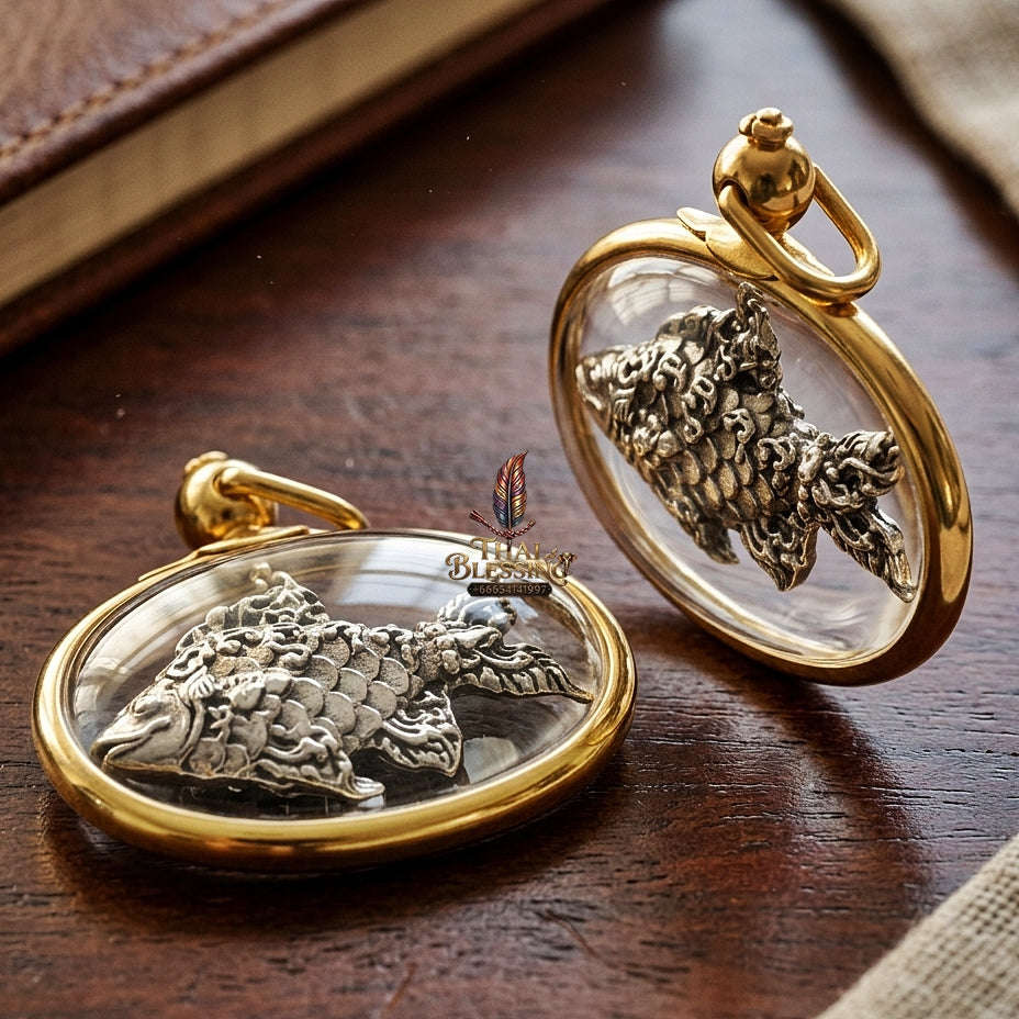 Sacred Lucky Carp Wealth Attraction Amulet (White Gold) – Luang Pu Maen Thai Blessing Co By RURUECHA