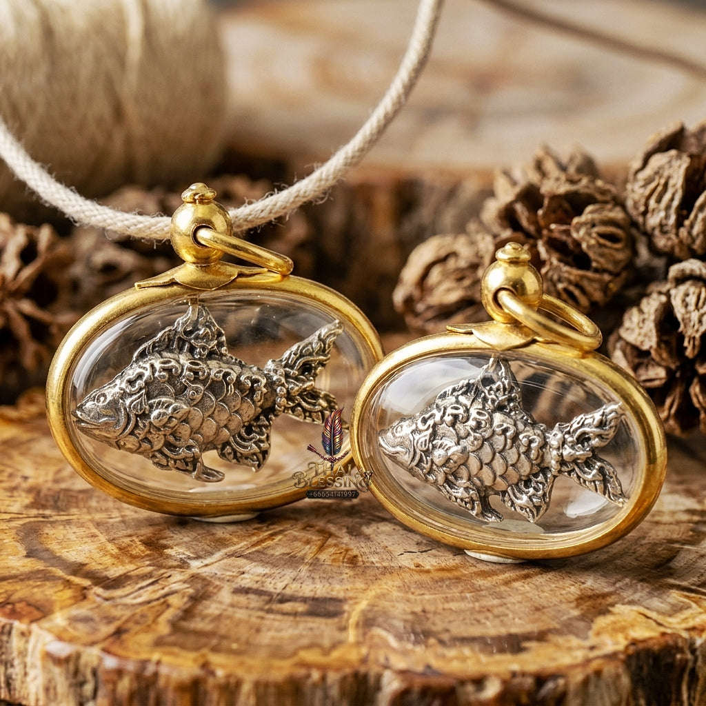 Sacred Lucky Carp Wealth Attraction Amulet (White Gold) – Luang Pu Maen Thai Blessing Co By RURUECHA