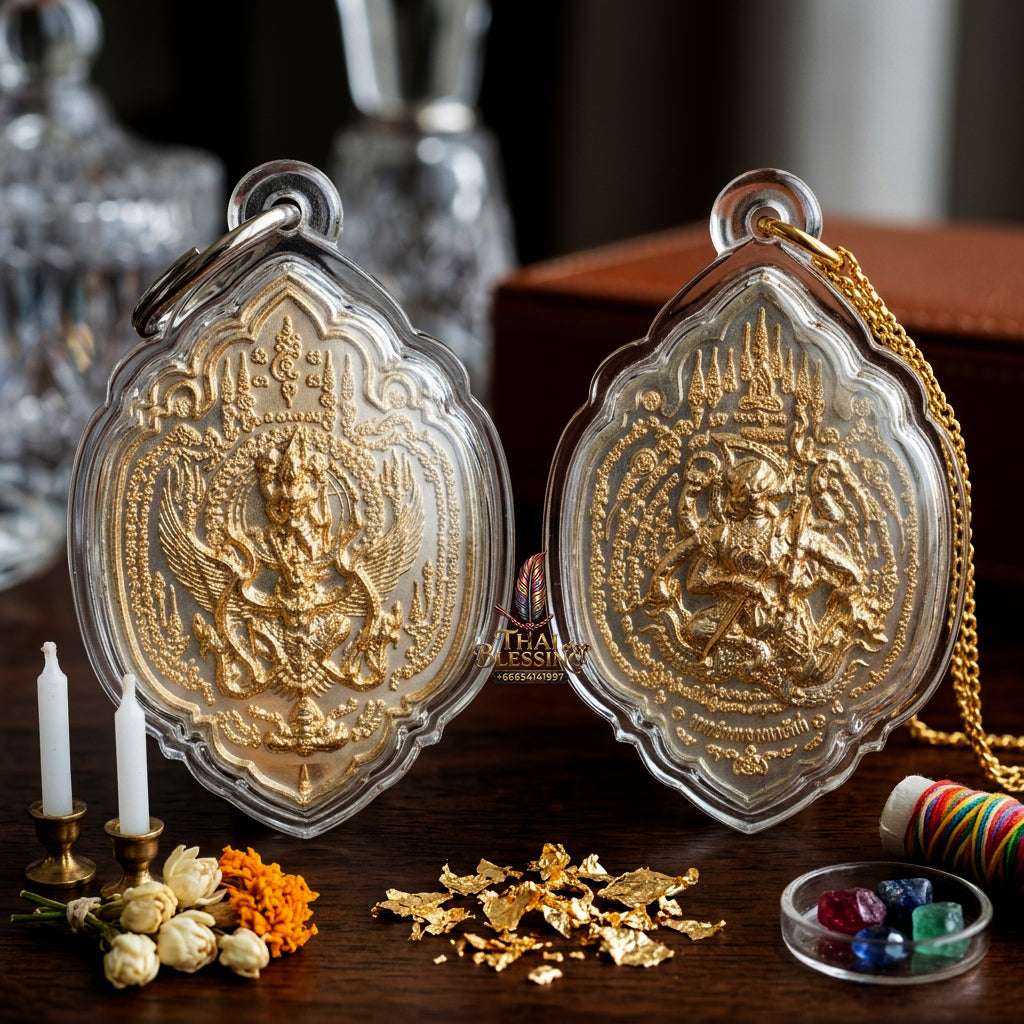 🛡️ Sacred "Narai Song Krut" (Vishnu Riding Garuda) & Hanuman Amulet: Alpaca Silver Edition, Blessed by Luang Phor Phian, Wat Kern Gathin (2011) Thai Blessing Co By RURUECHA