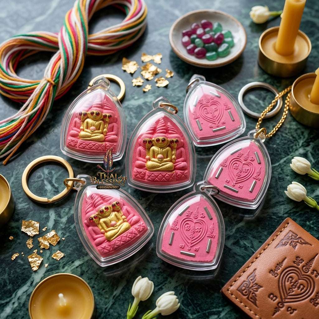 💖 Sacred "Pho Ngang" (Love Spirit Amulet): Pink Charm Powder with 5 Takruts – Consecrated by Luang Phor Wichai, Wat Thotsarat (2018) Thai Blessing Co By RURUECHA