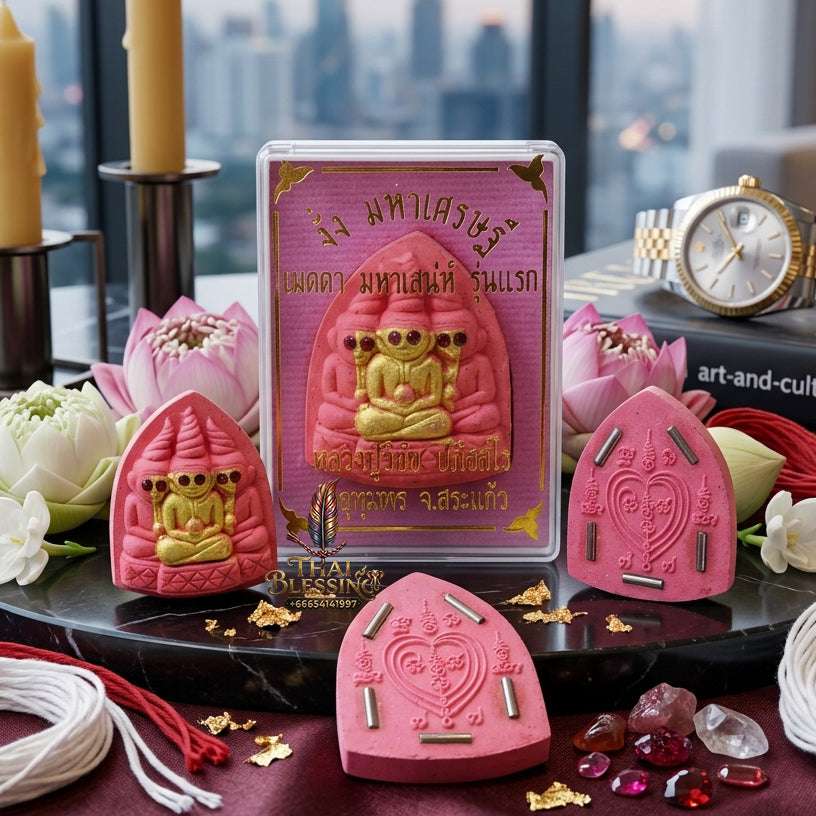 💖 Sacred "Pho Ngang" (Love Spirit Amulet): Pink Charm Powder with 5 Takruts – Consecrated by Luang Phor Wichai, Wat Thotsarat (2018) Thai Blessing Co By RURUECHA