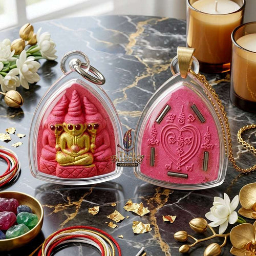 💖 Sacred "Pho Ngang" (Love Spirit Amulet): Pink Charm Powder with 5 Takruts – Consecrated by Luang Phor Wichai, Wat Thotsarat (2018) Thai Blessing Co By RURUECHA